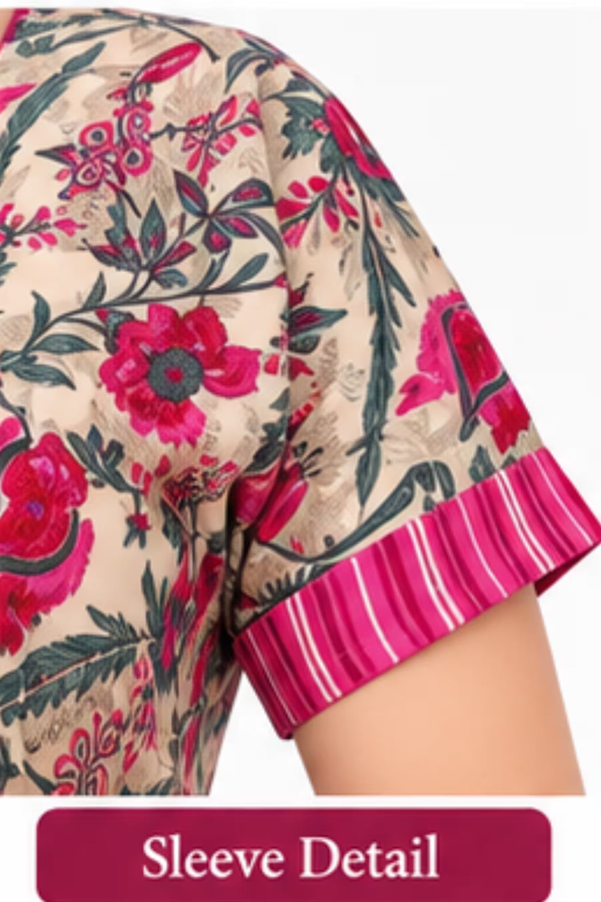 Sleeve Detail - Pranjul 2007 Cotton Nighty for Women -Cream Floral | Bavis Clothing