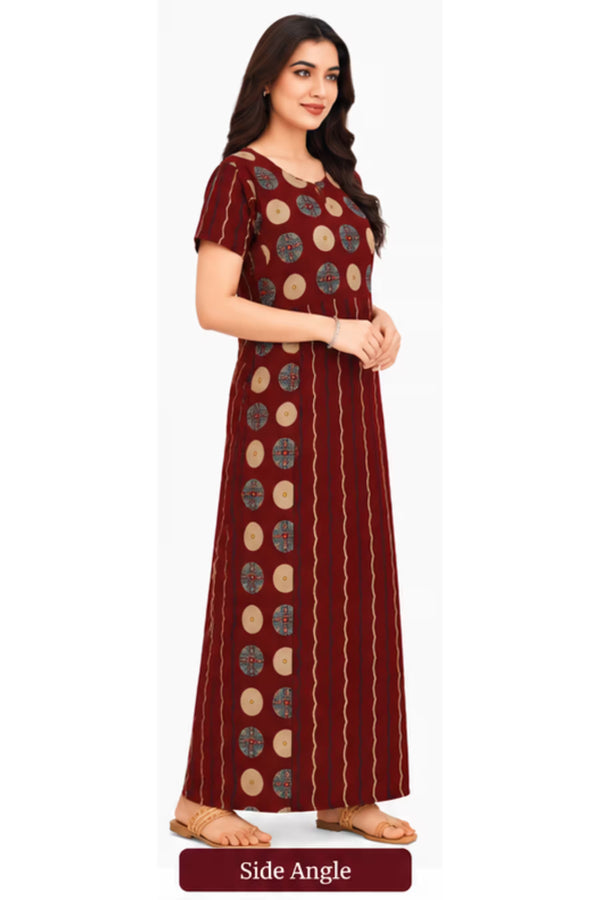 Side Angle - Pranjul 2012 Printed Cotton Nighty for Women – Maroon Geometric Full Length | Bavis Clothing