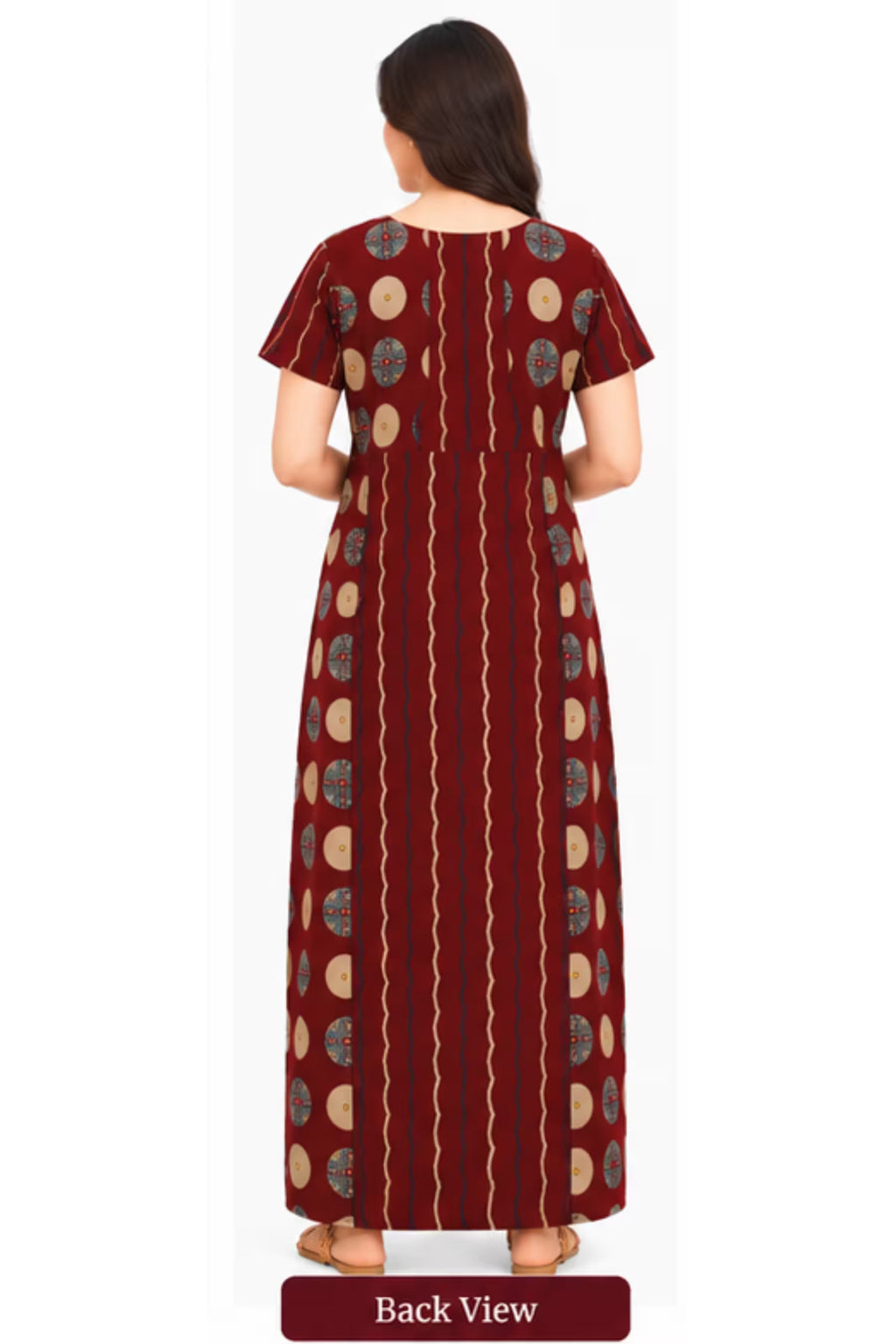 Back View - Pranjul 2012 Printed Cotton Nighty for Women – Maroon Geometric Full Length | Bavis Clothing