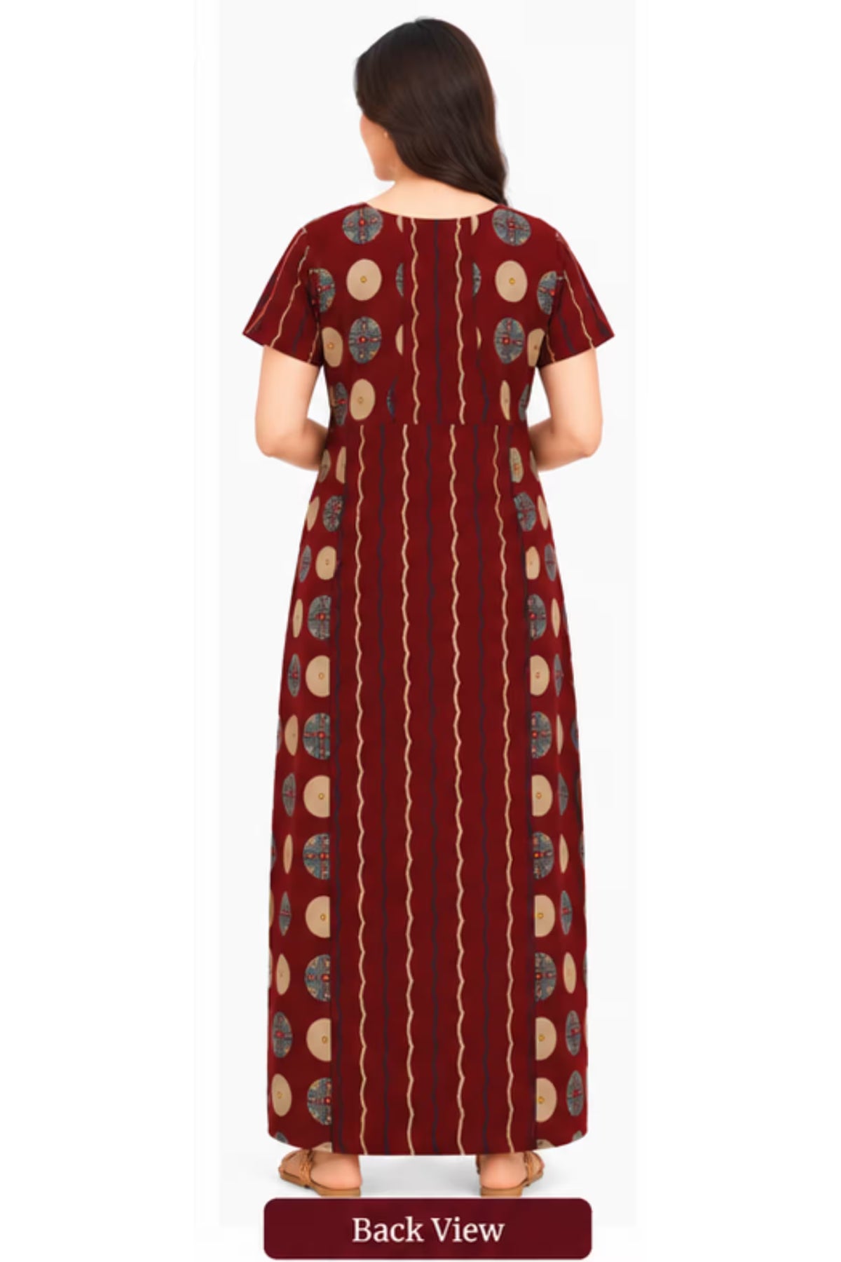 Back View - Pranjul 2012 Printed Cotton Nighty for Women – Maroon Geometric Full Length | Bavis Clothing