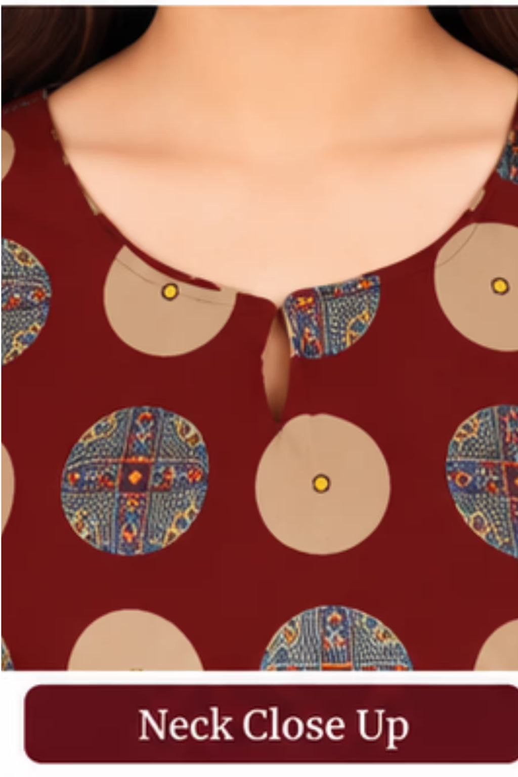 Neck Close Up - Pranjul 2012 Printed Cotton Nighty for Women – Maroon Geometric Full Length | Bavis Clothing