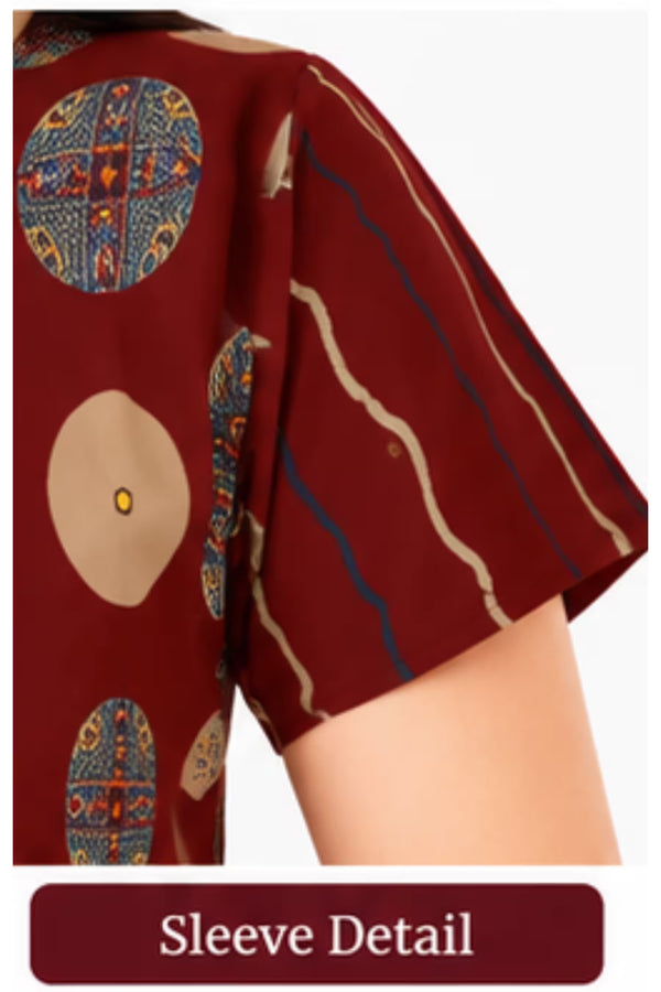 Sleeve Detail - Pranjul 2012 Printed Cotton Nighty for Women – Maroon Geometric Full Length | Bavis Clothing