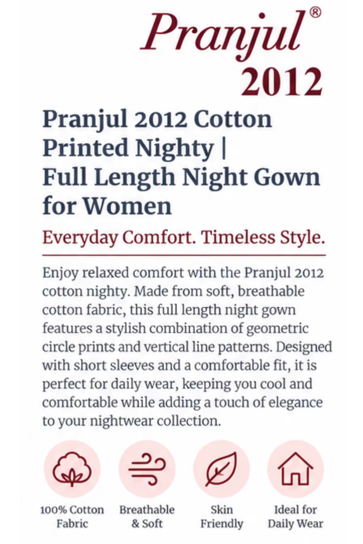 Product Detail - Pranjul 2012 Printed Cotton Nighty for Women – Maroon Geometric Full Length | Bavis Clothing