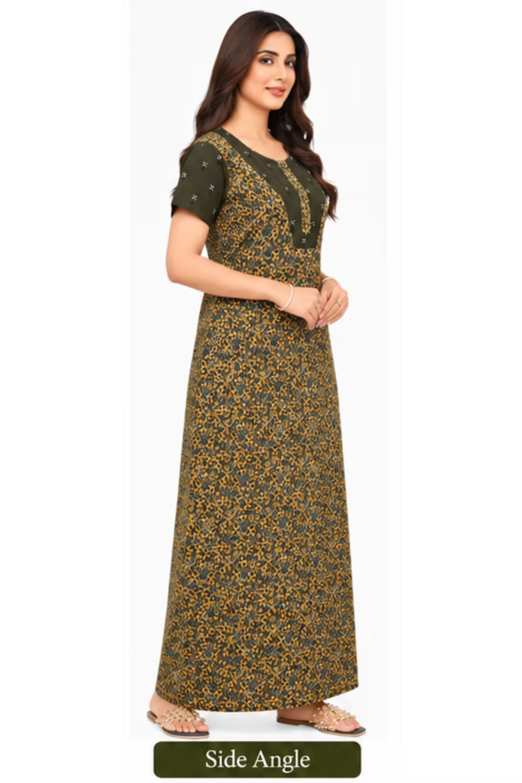 Side Angle - Pranjul 2013 Printed Cotton Nighty for Women – Olive Green Floral Full Length | Bavis Clothing