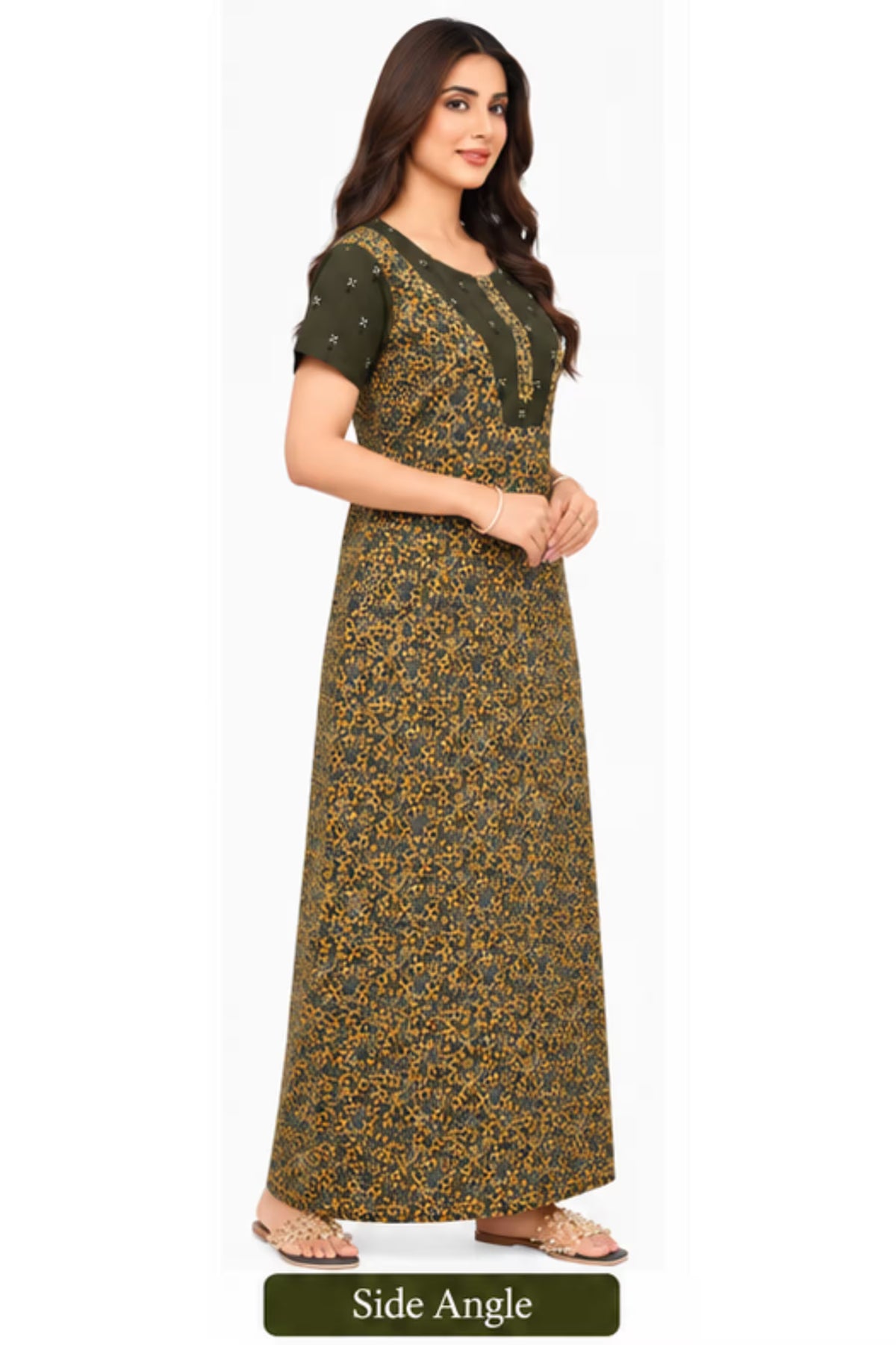 Side Angle - Pranjul 2013 Printed Cotton Nighty for Women – Olive Green Floral Full Length | Bavis Clothing