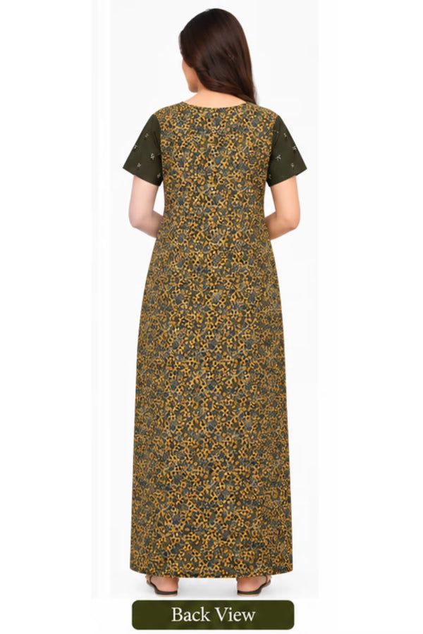 Back View - Pranjul 2013 Printed Cotton Nighty for Women – Olive Green Floral Full Length | Bavis Clothing