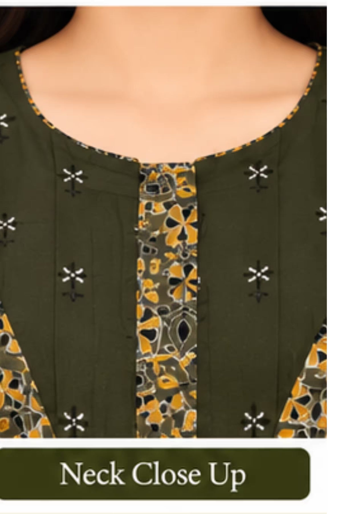 Neck Close Up - Pranjul 2013 Printed Cotton Nighty for Women – Olive Green Floral Full Length | Bavis Clothing