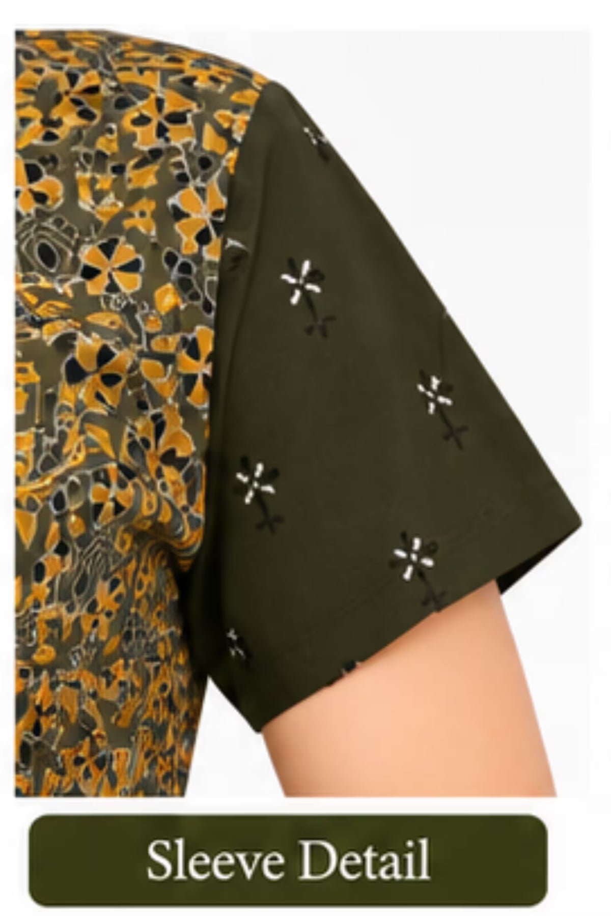 Sleeve Detail - Pranjul 2013 Printed Cotton Nighty for Women – Olive Green Floral Full Length | Bavis Clothing