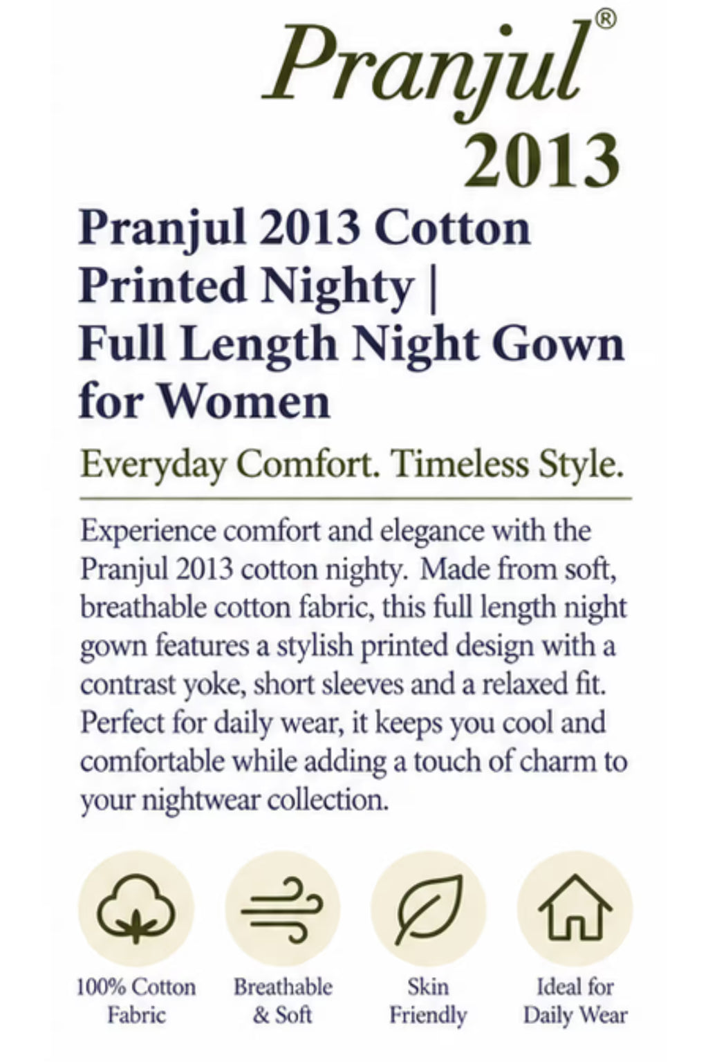 Product Detail - Pranjul 2013 Printed Cotton Nighty for Women – Olive Green Floral Full Length | Bavis Clothing
