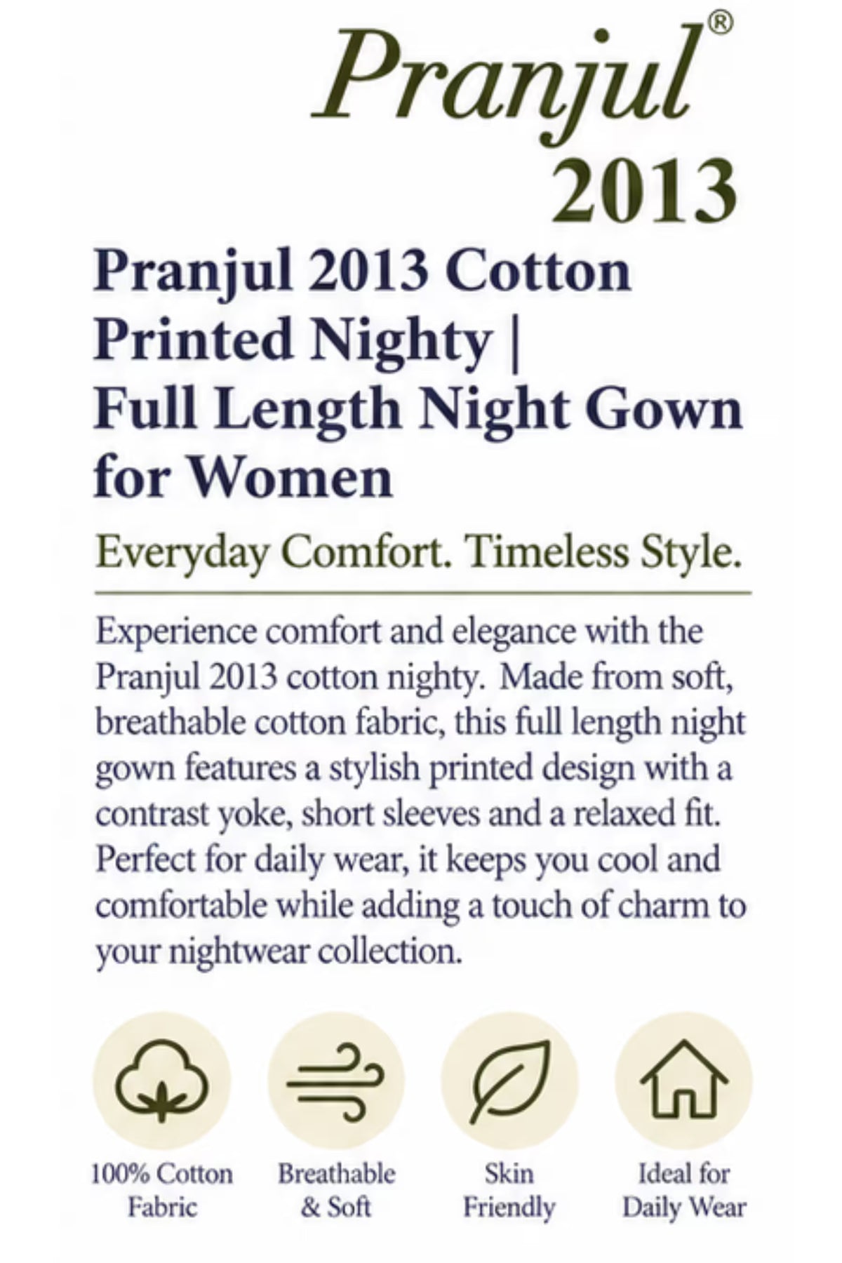 Product Detail - Pranjul 2013 Printed Cotton Nighty for Women – Olive Green Floral Full Length | Bavis Clothing