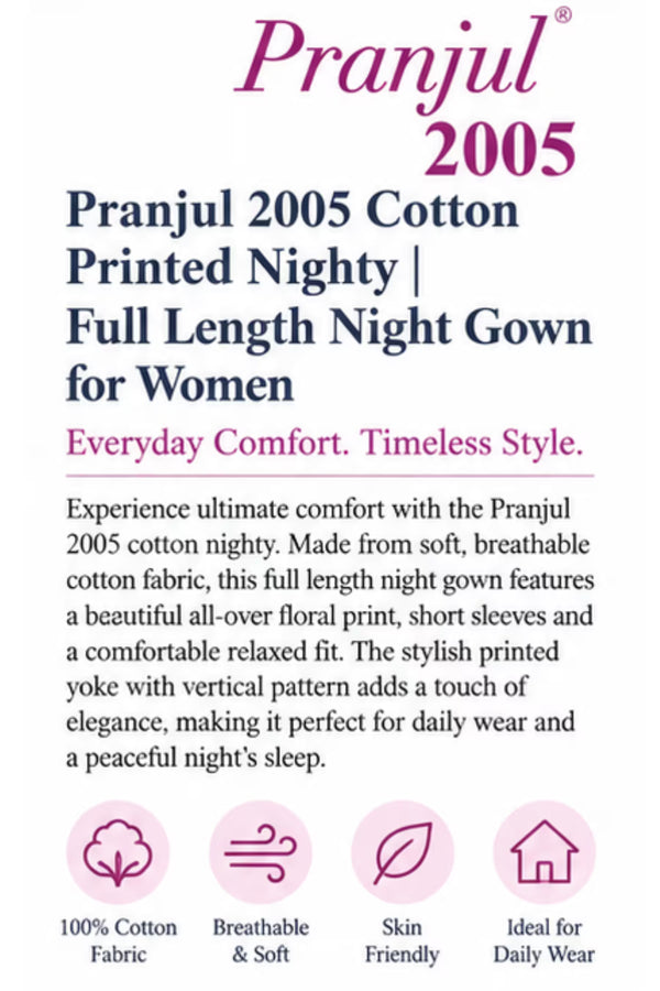 Product Detail - Pranjul 2005 Printed Cotton Nighty for Women – Magenta Floral Full Length | Bavis Clothing
