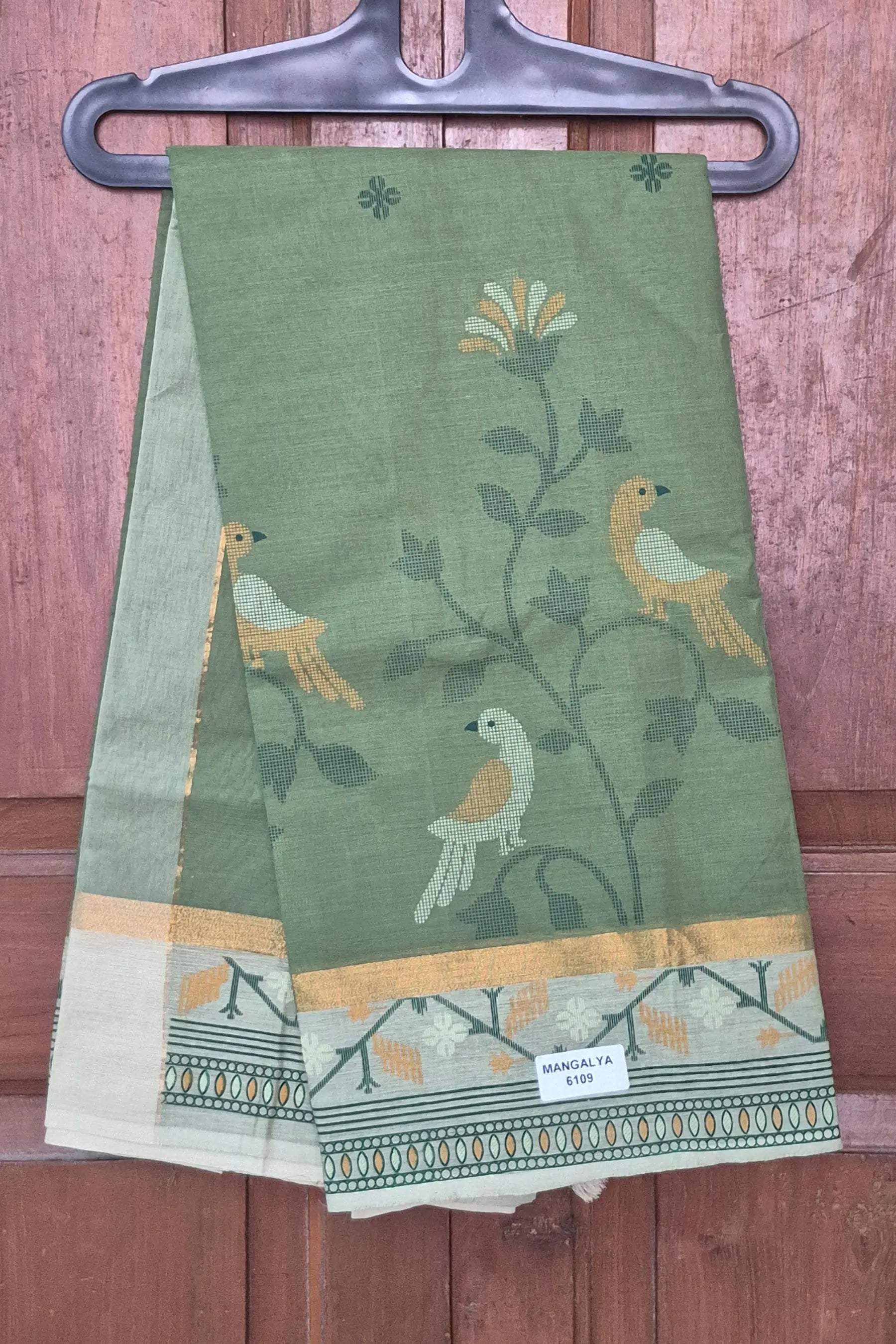 Sage Green Printed Saree with Mustard Bird Motif -Mangalya6109D Main image