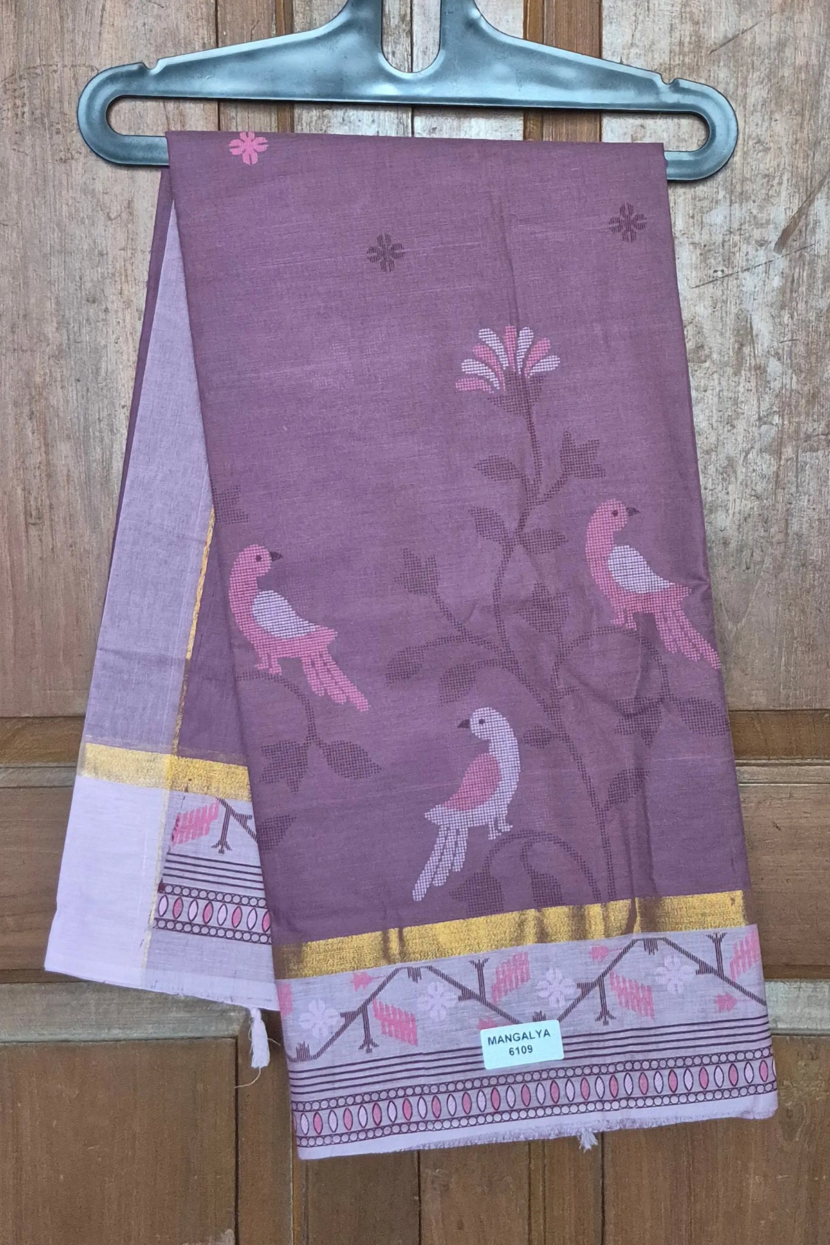 Premium Cotton Printed Saree Mauve with Pink Bird Motif - Mangalya6109B