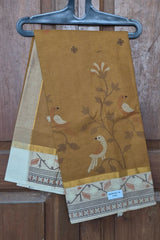 Mustard BrownPrinted Saree with Beige Bird Motif - Mangalya6109A