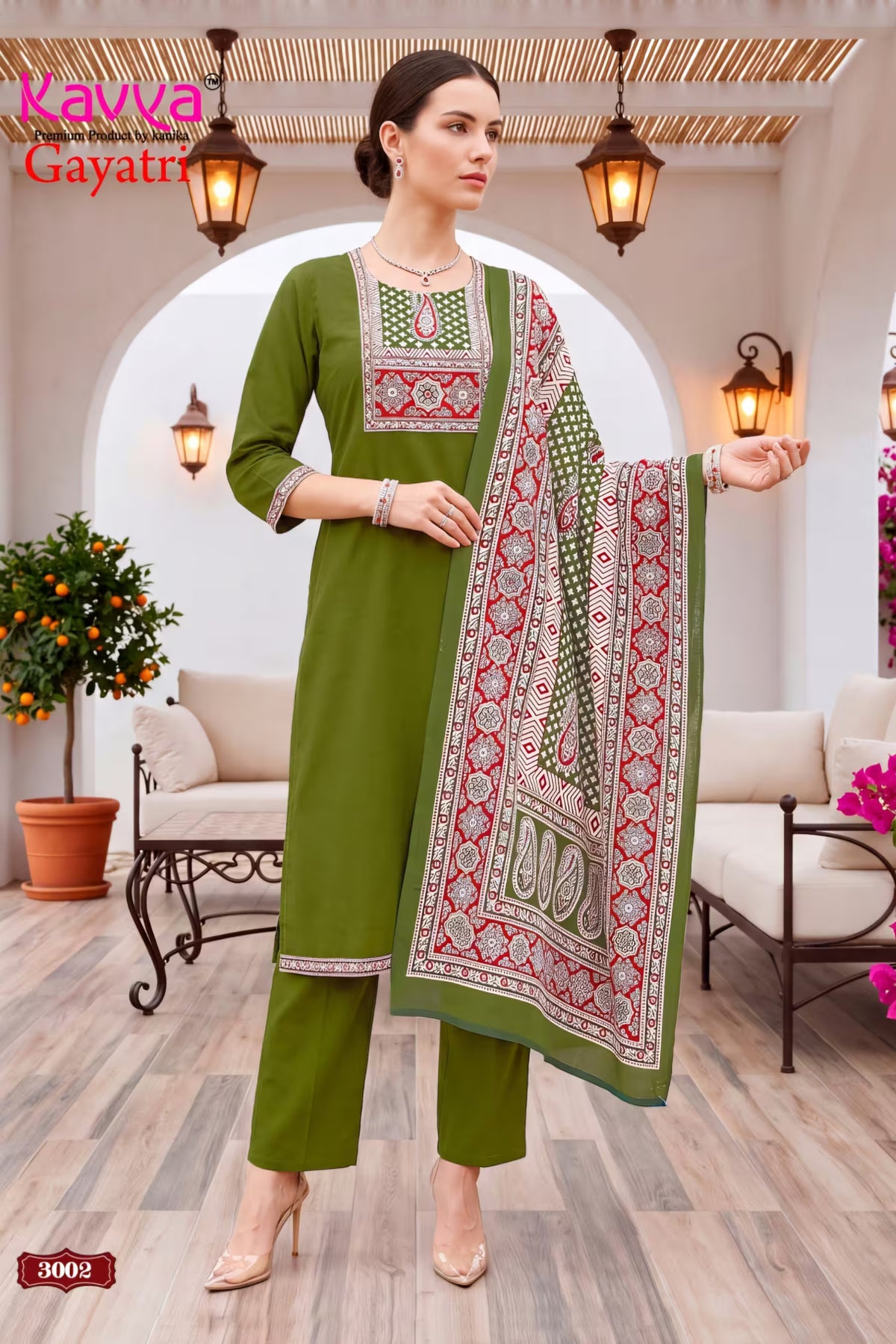 Premium Dhabu Cotton Salwar Suit with Dupatta – Olive Green - Kavya Gayathri 3002 | Bavis Clothing Main image
