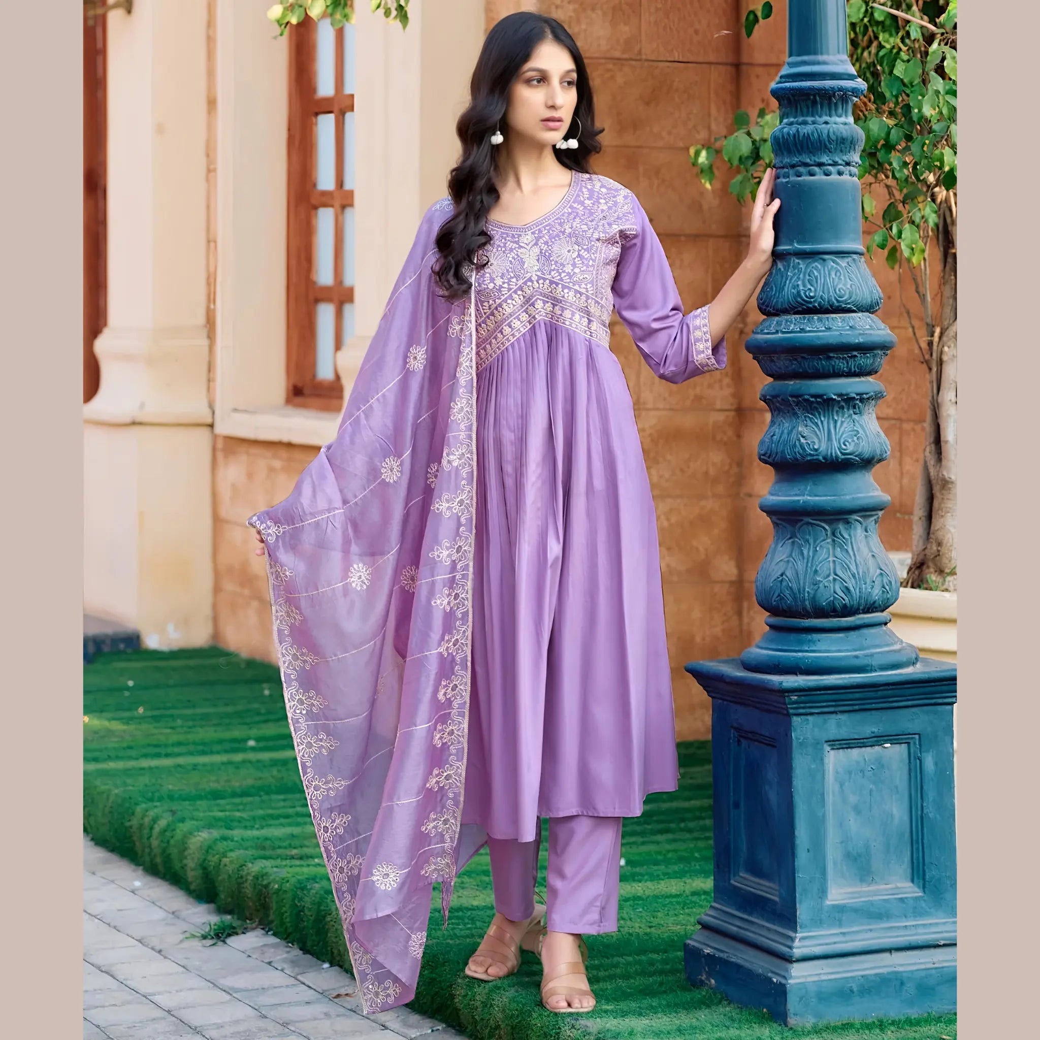 Premium Embroidered Viscose Kurta Pant Set with Sequined Chanderi Dupatta - MG1001