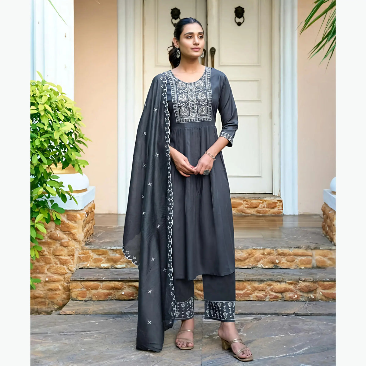Premium Italian Viscose Kurta and Plazzo Ensemble with Chanderi Dupatta Main image