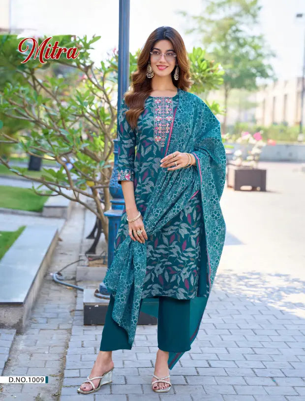 Premium Teal Ethnic Suit Set for Women with Embroidered Neckline - Mitra1009