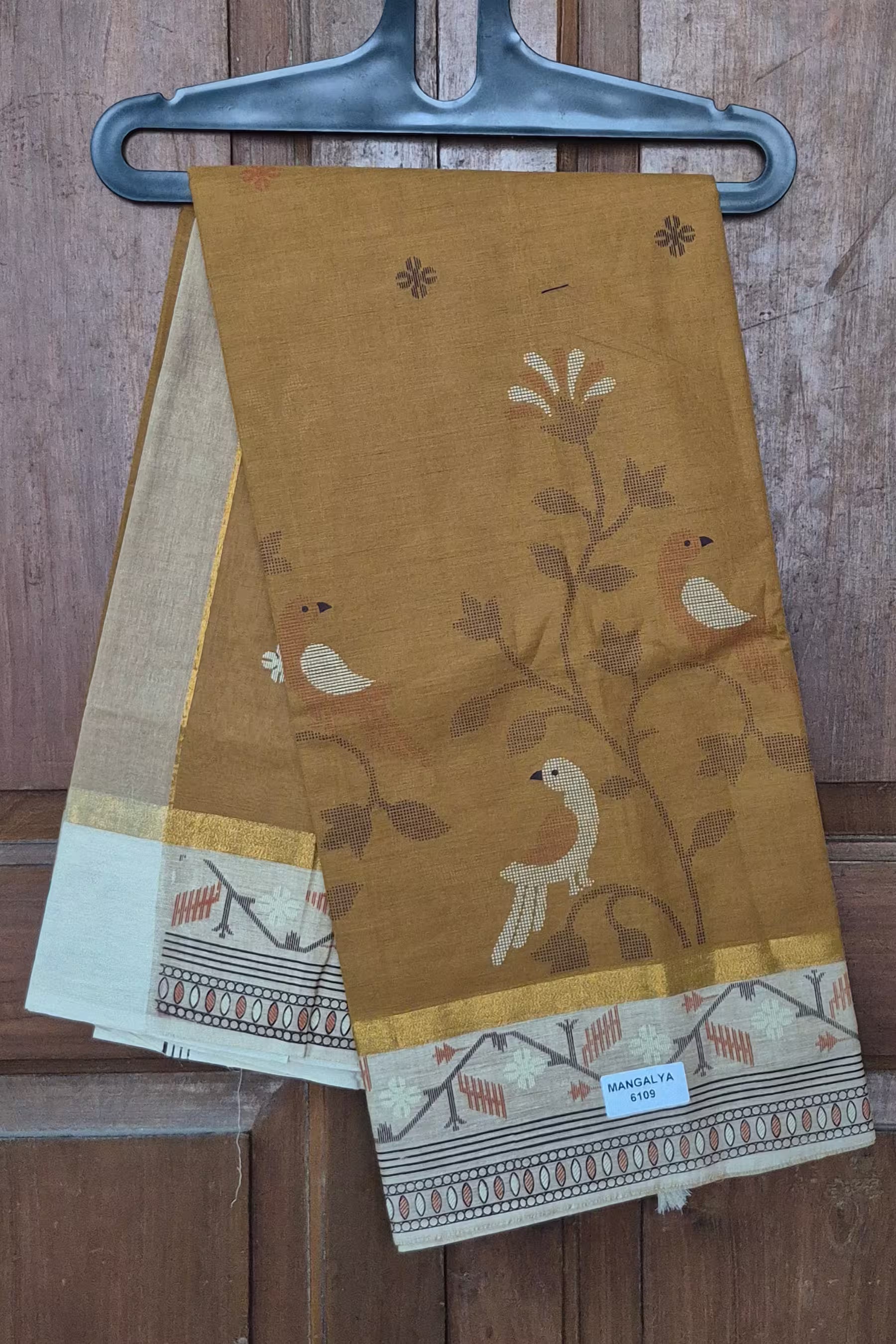Mustard BrownPrinted Saree with Beige Bird Motif - Mangalya6109A Main image