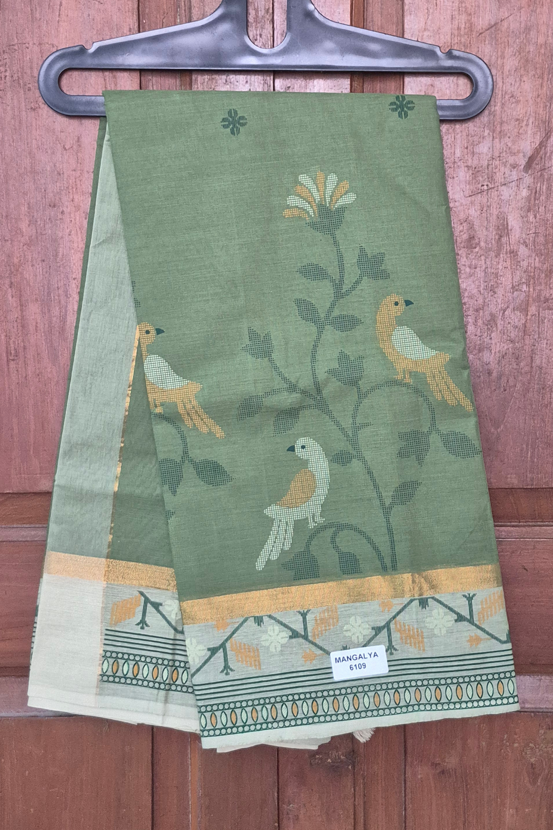 Sage Green Printed Saree with Mustard Bird Motif Main image
