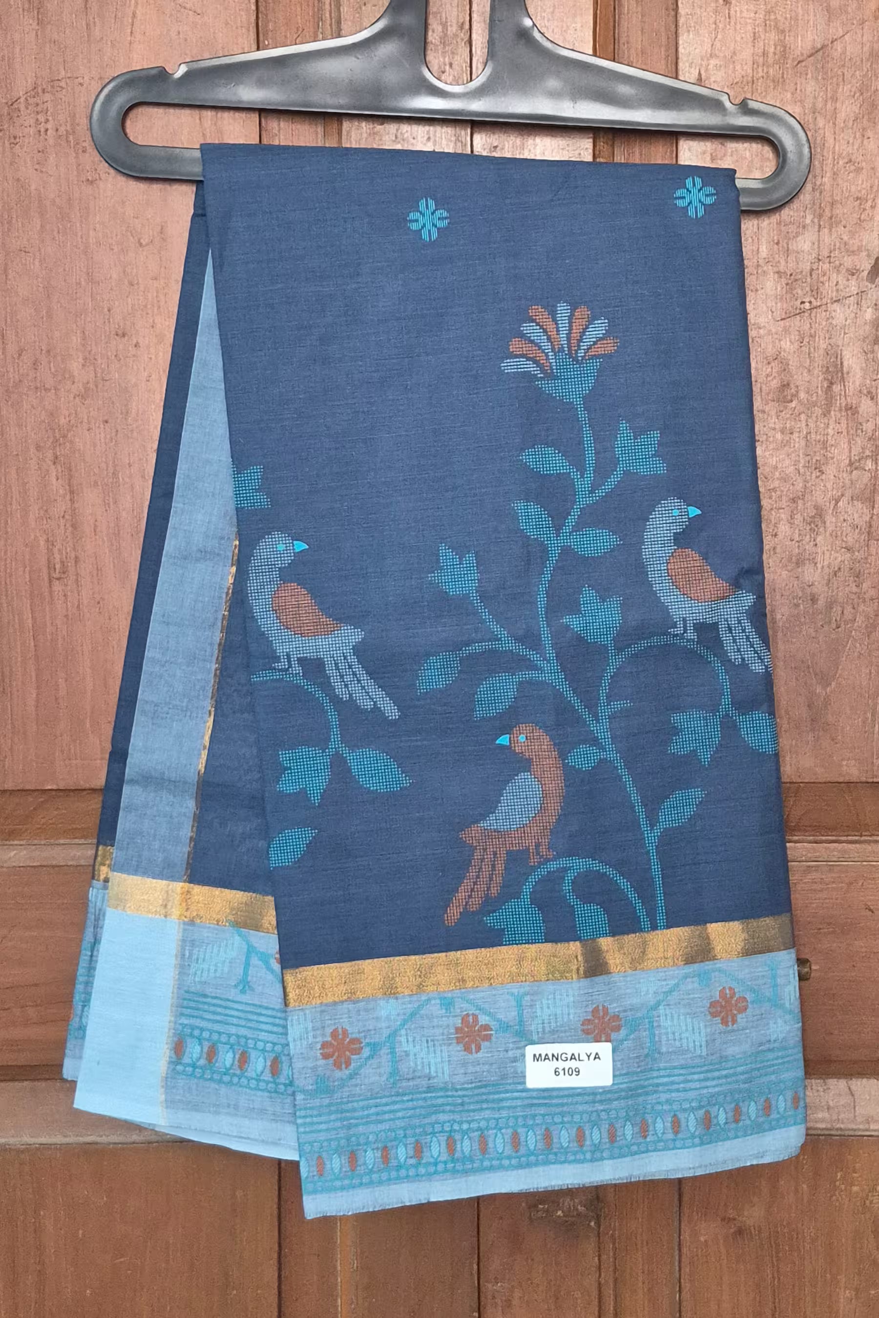 Navy Blue Printed Saree with Aqua Bird Motif - Mangalya6109C Main image