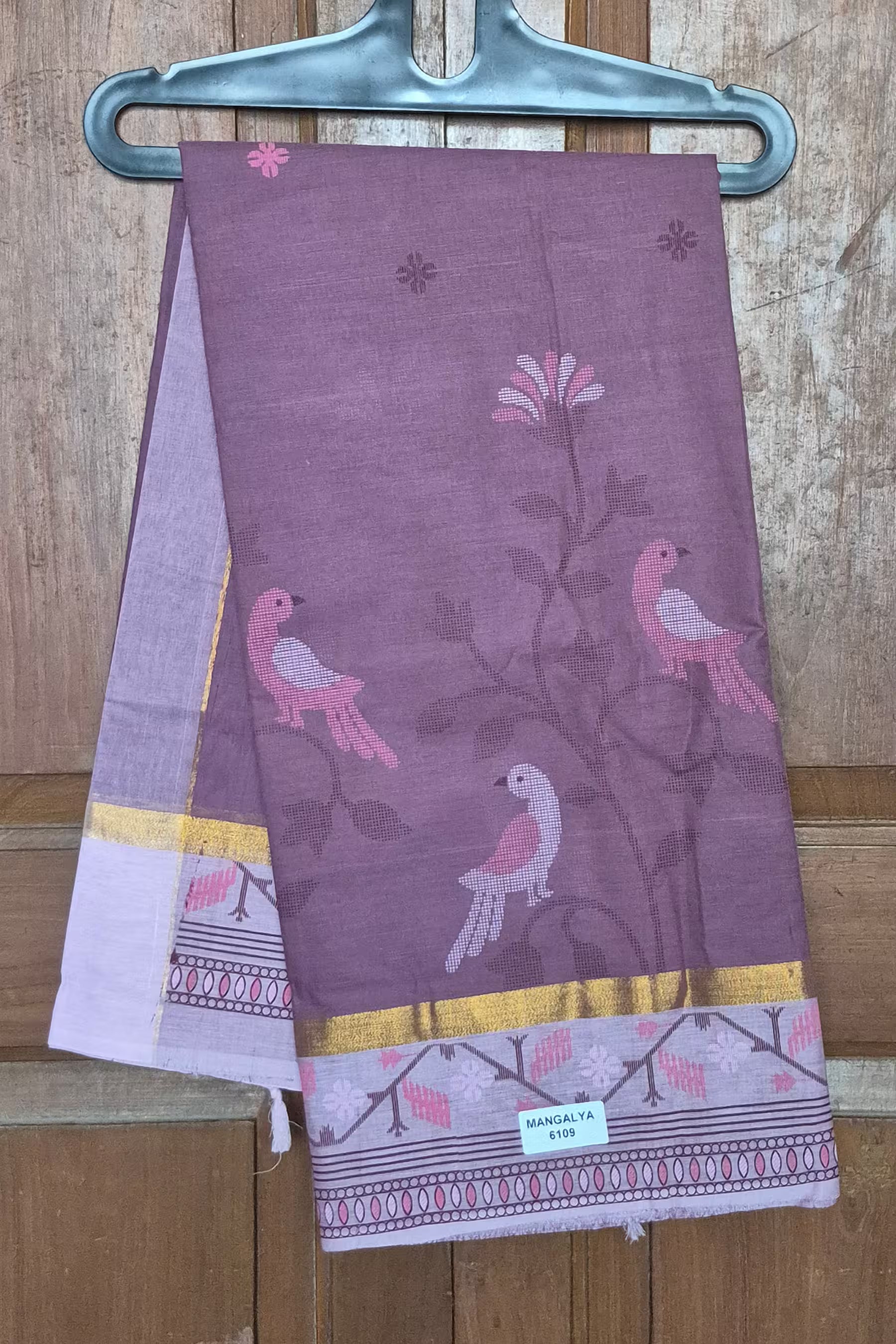 Premium Cotton Printed Saree Mauve with Pink Bird Motif - Mangalya6109B Main image