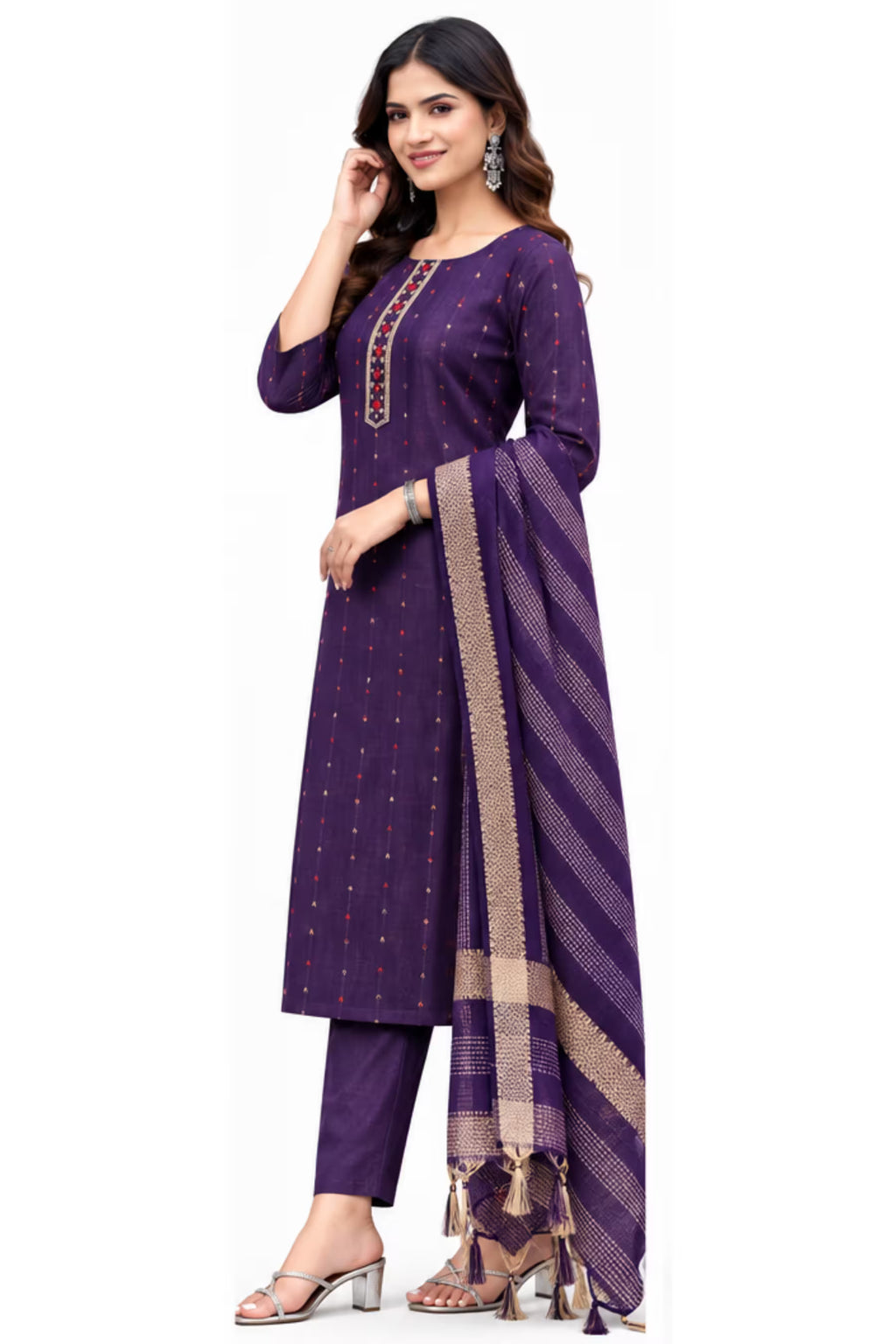 Side View - Purple Cotton Straight Kurta Pant Set with Dupatta | Bavis Clothing