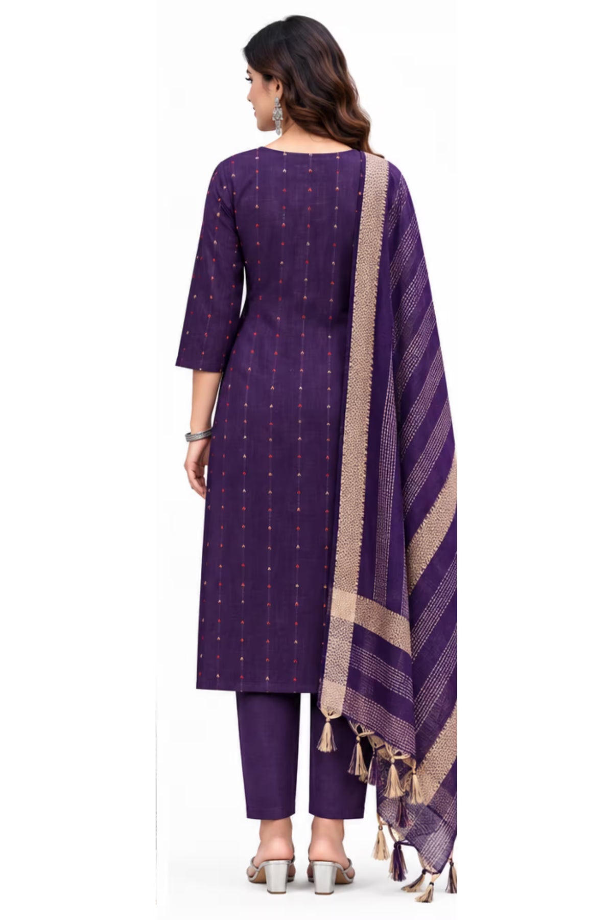 Back View - Purple Cotton Straight Kurta Pant Set with Dupatta | Bavis Clothing