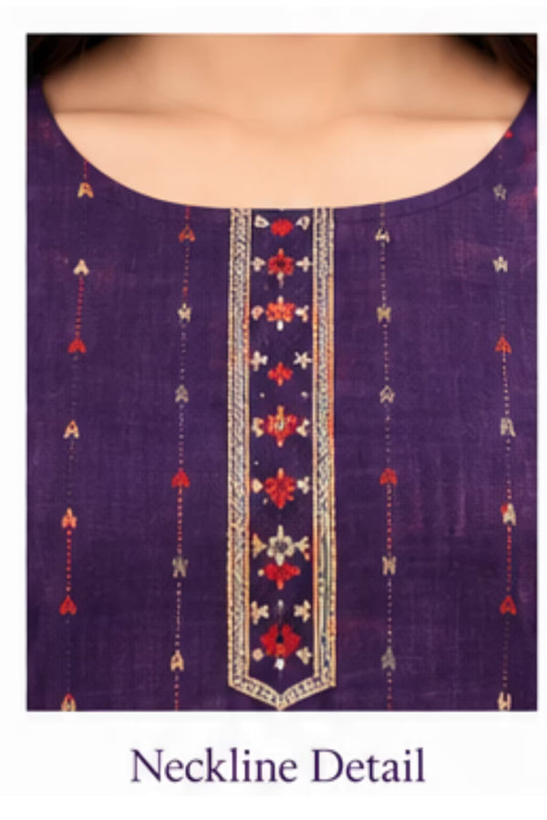 Neckline detail - Purple Cotton Straight Kurta Pant Set with Dupatta | Bavis Clothing