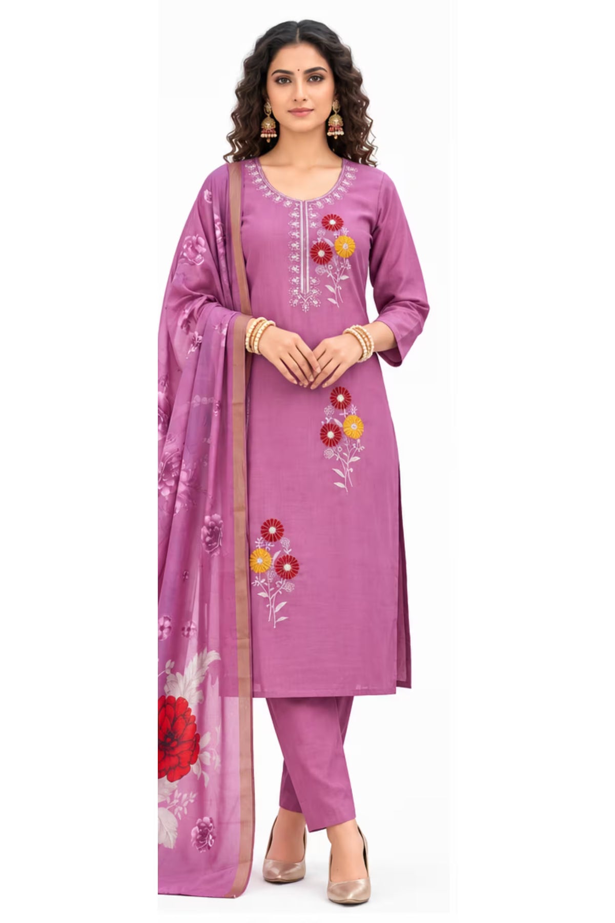 Mauve embroidered Vertican Silk kurta pant dupatta set for women | Bavis Clothing