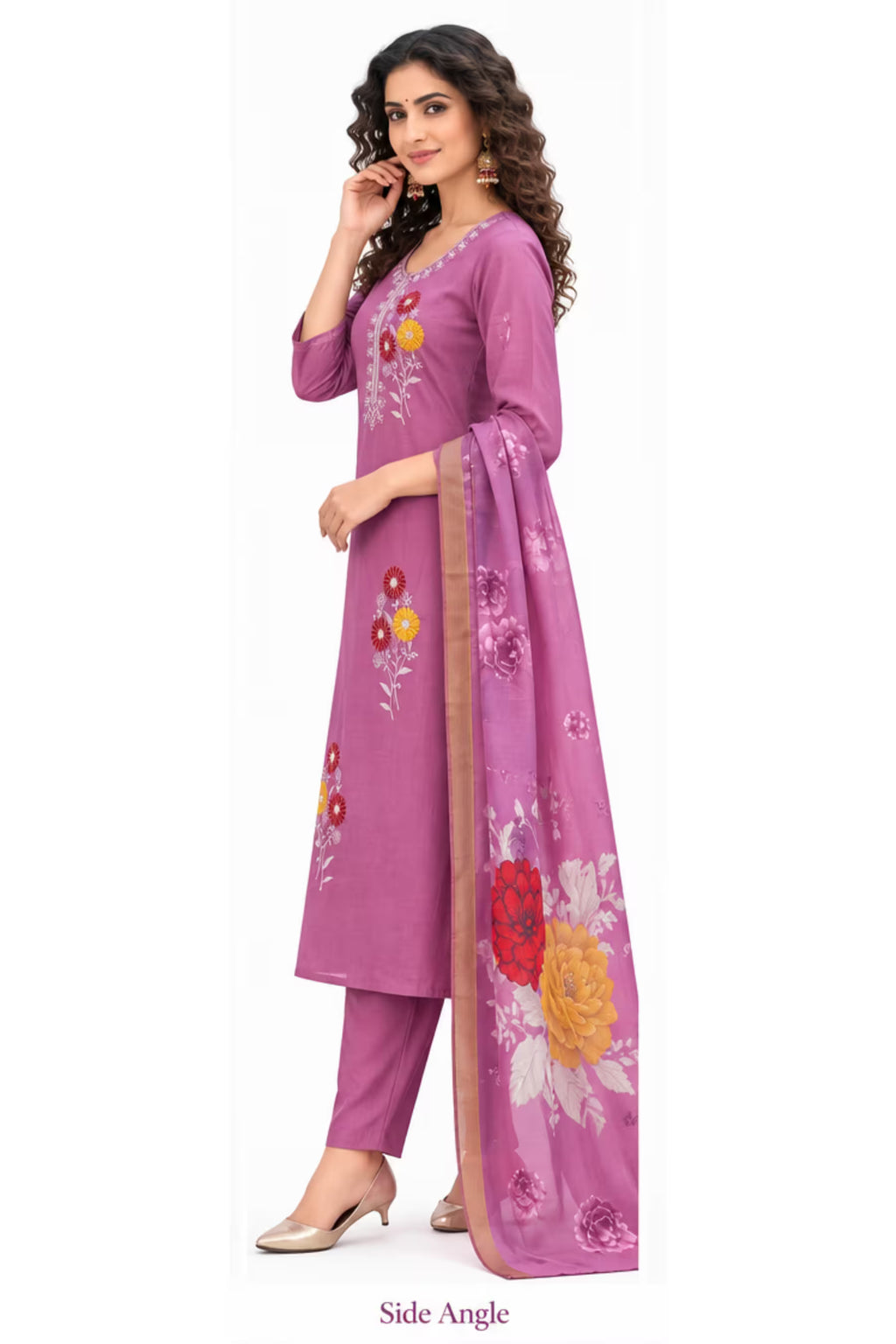 Side View - Purple Embroidered Vertican Silk Kurta Pant Dupatta Set for Women | Bavis Clothing
