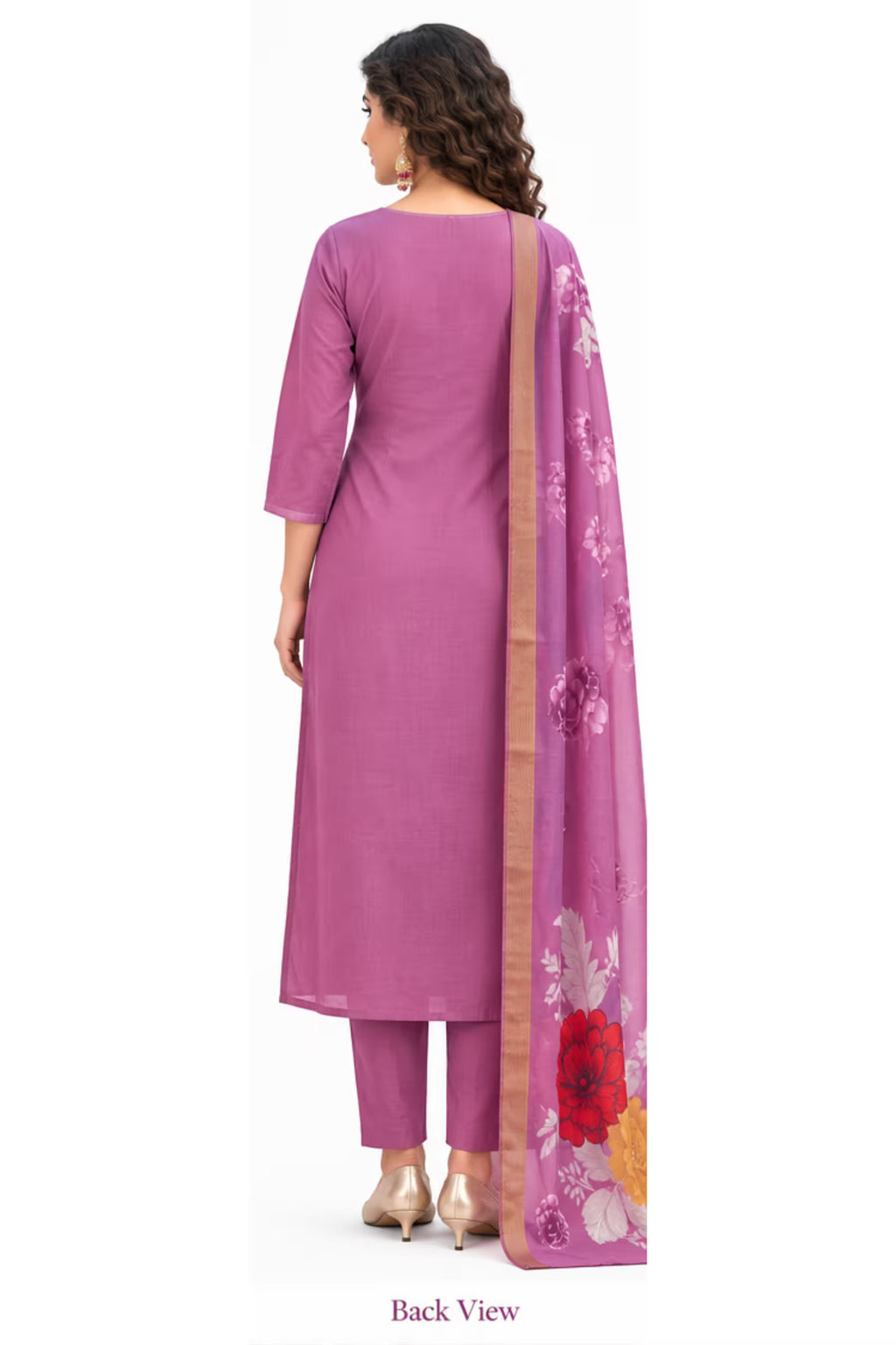 Back View - Purple Embroidered Vertican Silk Kurta Pant Dupatta Set for Women | Bavis Clothing