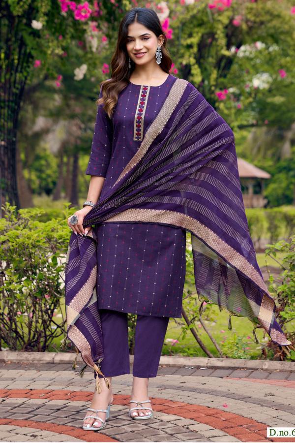 Purple Cotton Straight Kurta Pant Set with Dupatta | Bavis Clothing