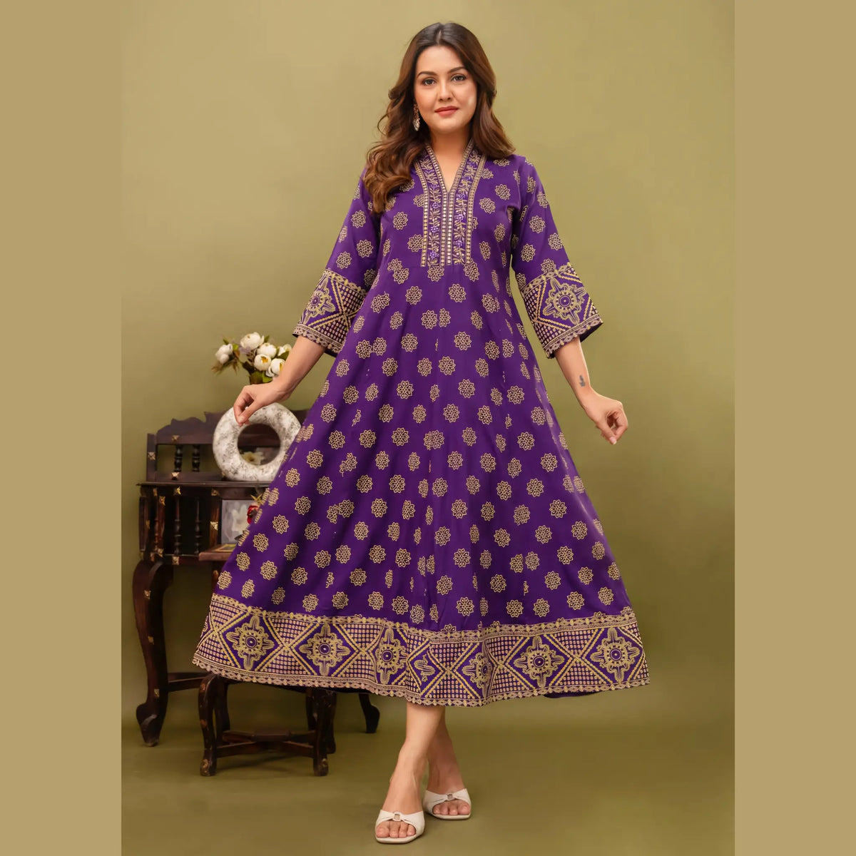 Purple Ethnic Printed Anarkali Kurti for Women | Gold Motif Traditional Design