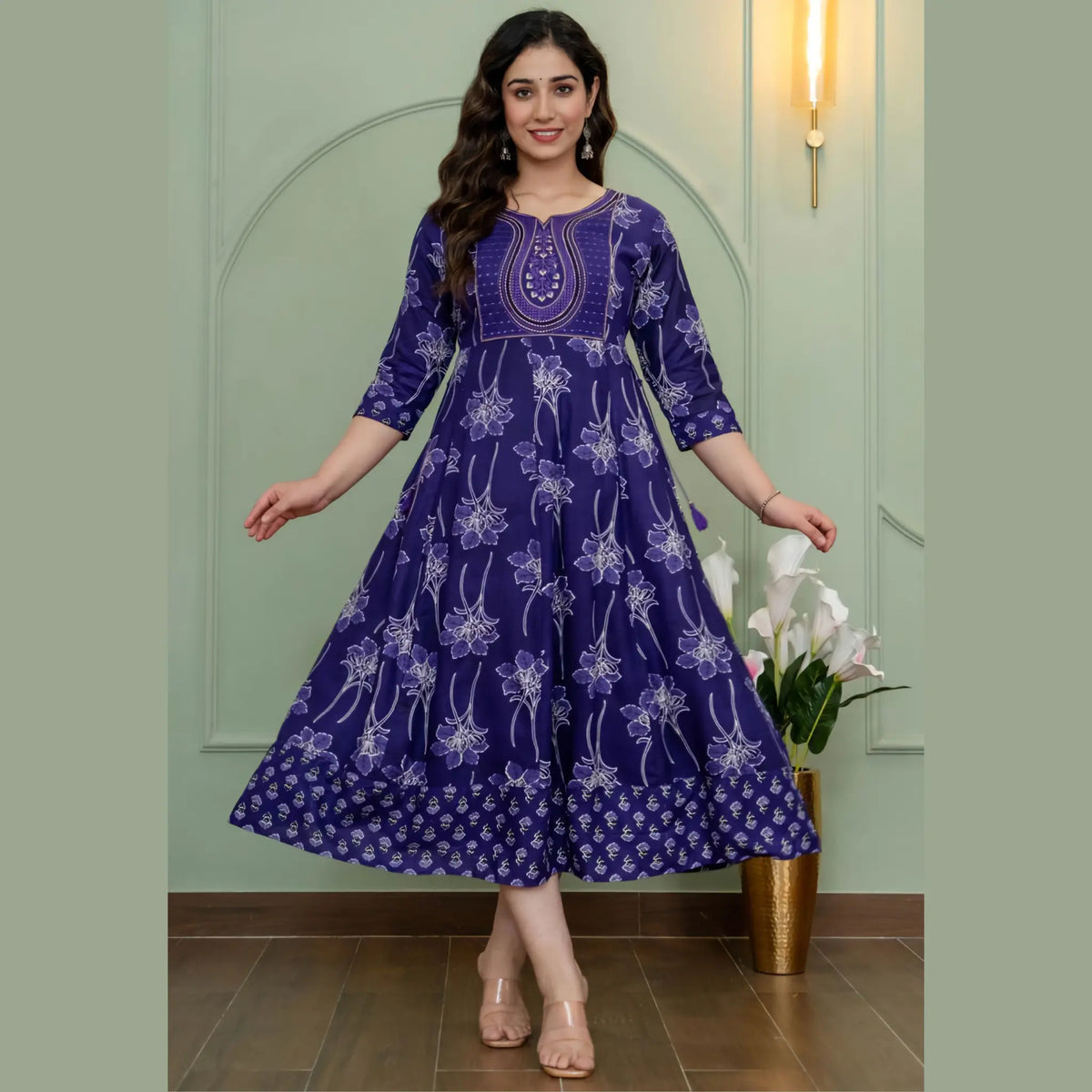 Purple Floral Printed Anarkali Kurti for Women | Traditional Ethnic Design