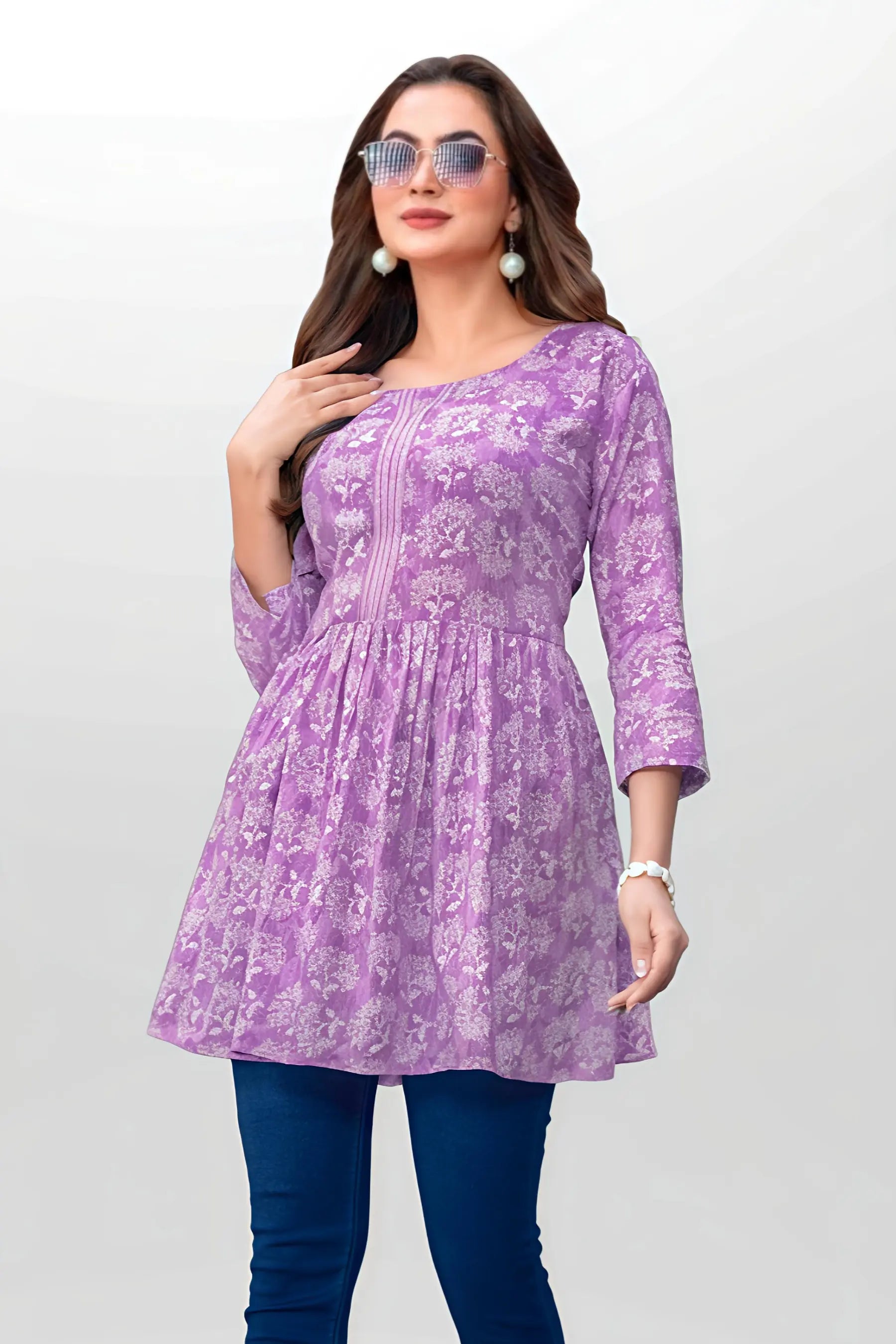 Purple Kantha Cotton Flared Tunic Top for Women Main image