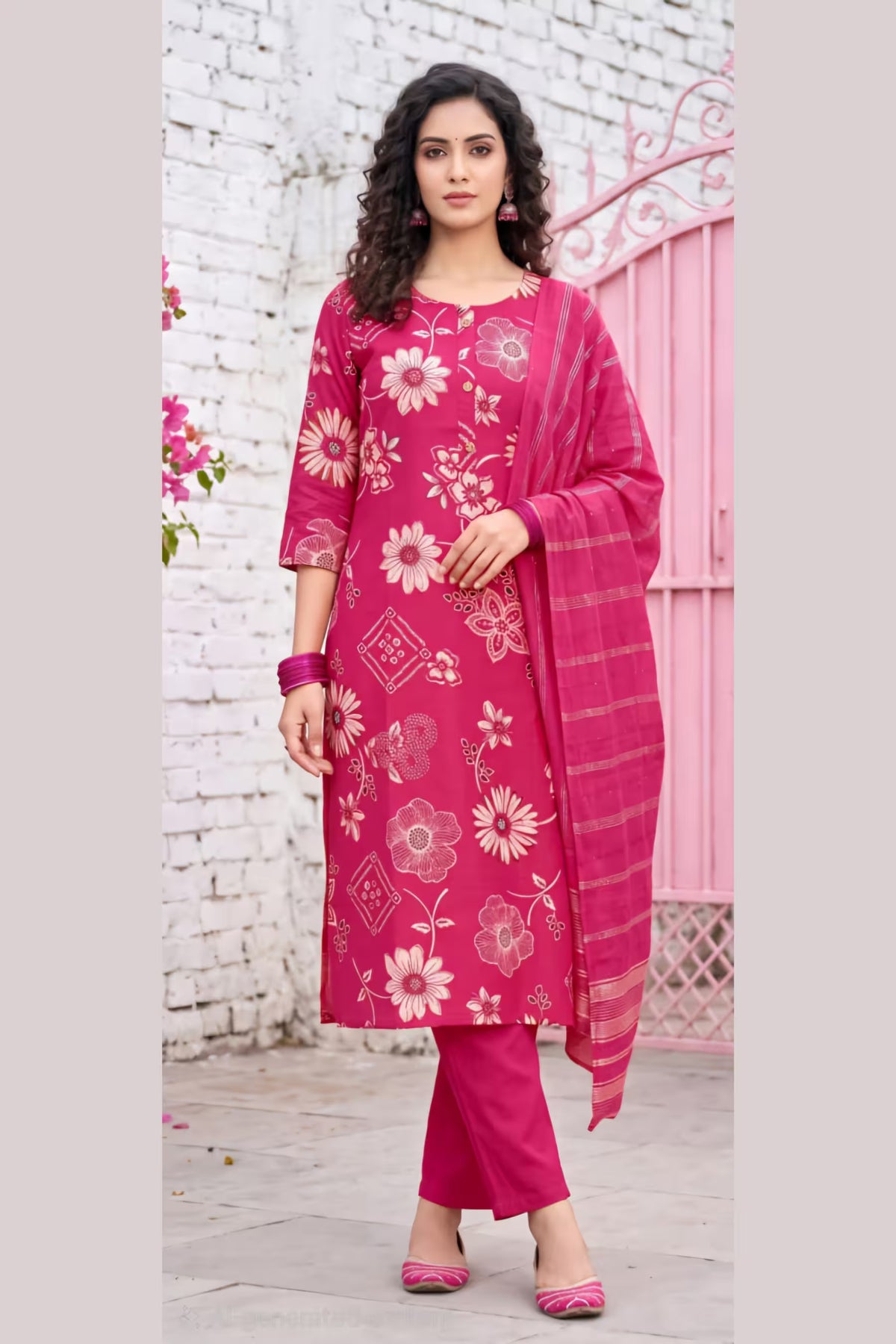 Magenta Pink Floral Printed Kurta Pant Set with Striped Dupatta for Women | Bavis Clothing