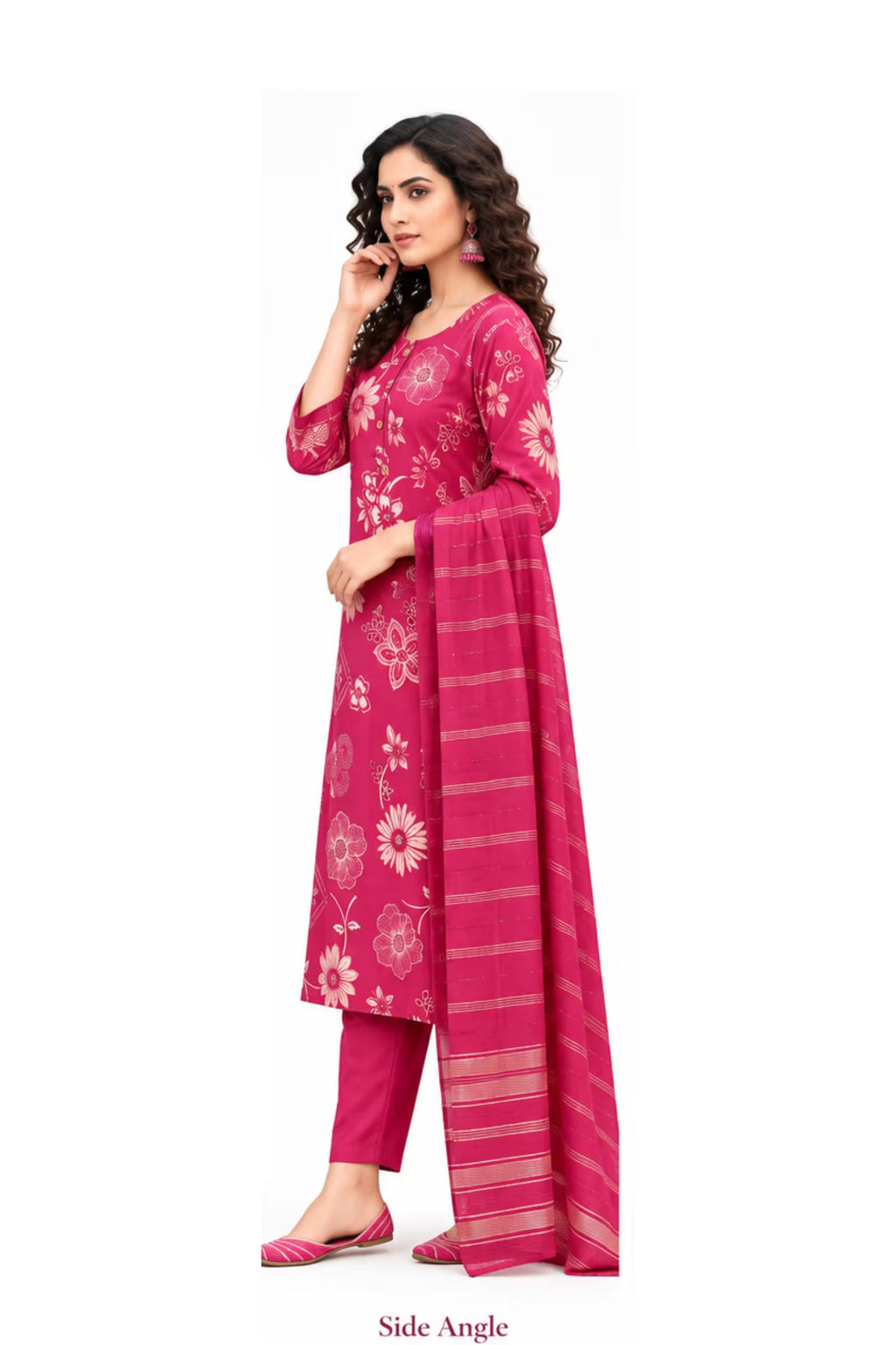Side Angle - Magenta Pink Floral Printed Kurta Pant Set with Striped Dupatta for Women | Bavis Clothing
