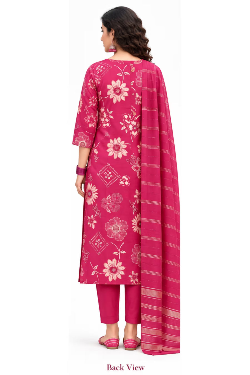 Back View - Magenta Pink Floral Printed Kurta Pant Set with Striped Dupatta for Women | Bavis Clothing