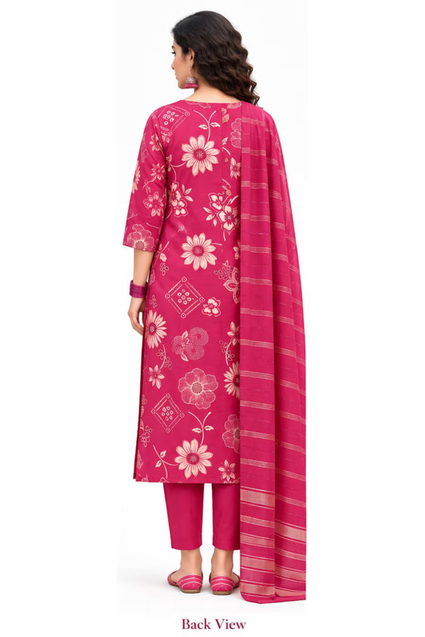 Back View - Magenta Pink Floral Printed Kurta Pant Set with Striped Dupatta for Women | Bavis Clothing
