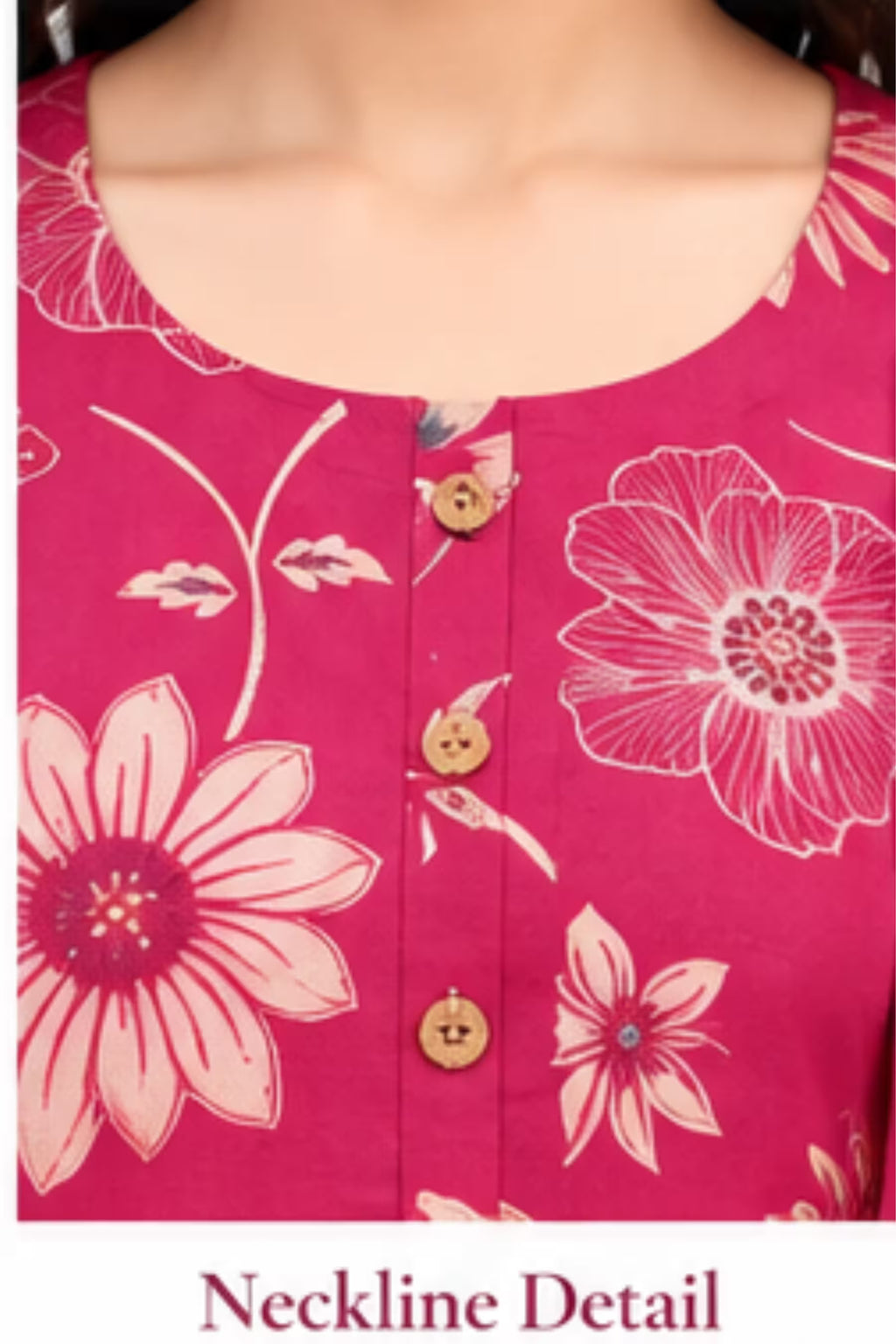 Neckline Detail - Magenta Pink Floral Printed Kurta Pant Set with Striped Dupatta for Women | Bavis Clothing