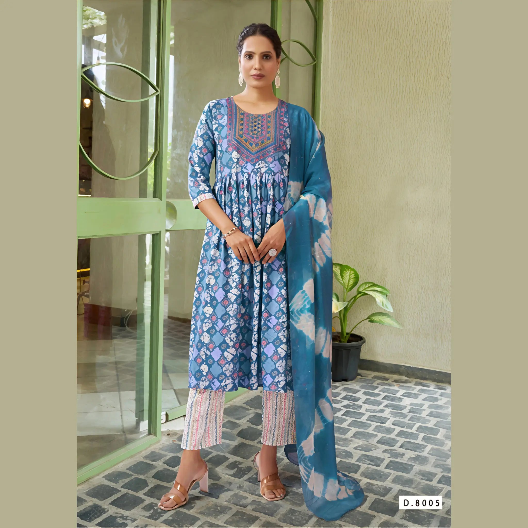 Rayon Foil Print Umbrella Kurti Suit with Straight Pants & Dupatta MP8005 Main image