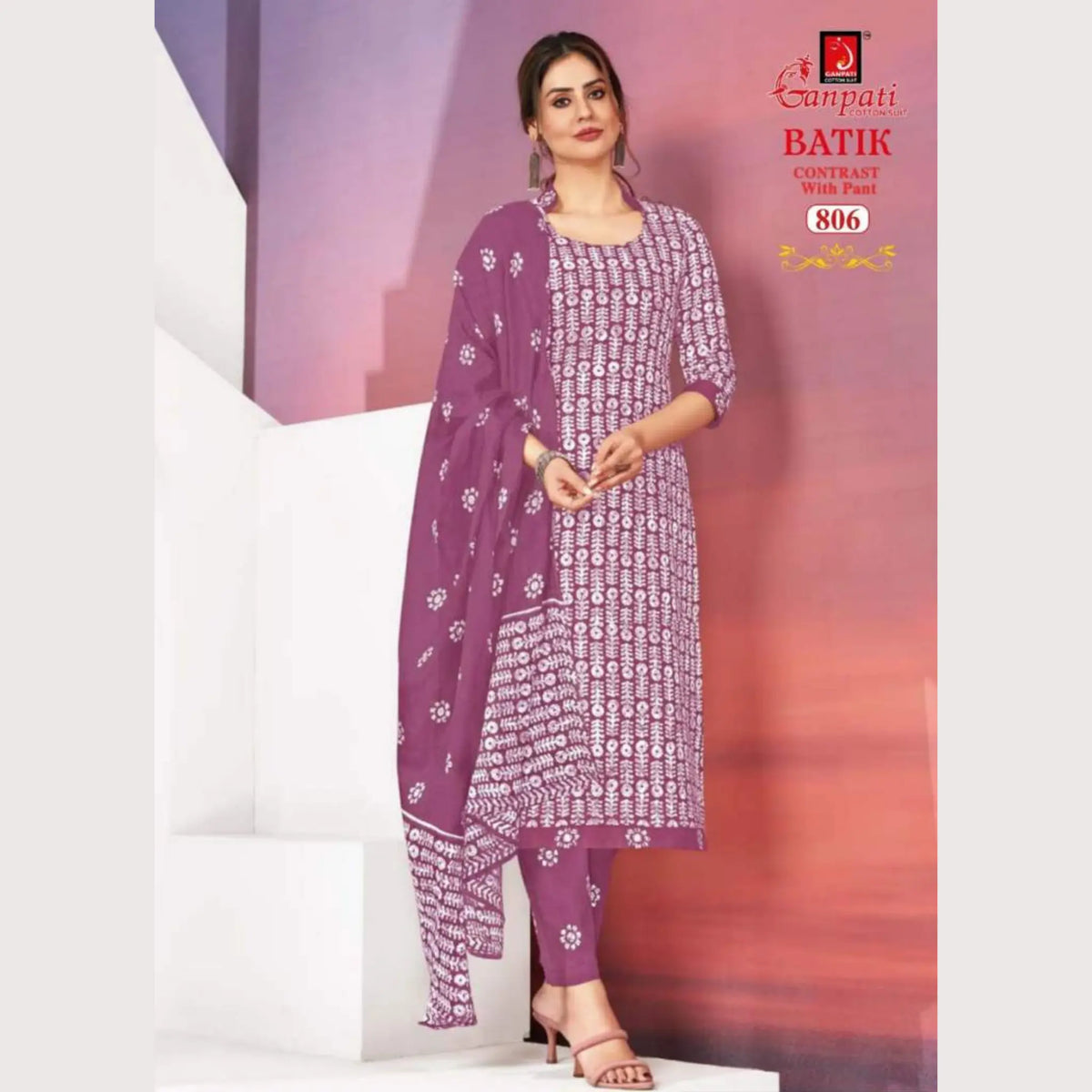 Ready to Wear Light Purpul Batik Printed Cotton Salwar Suit GB806