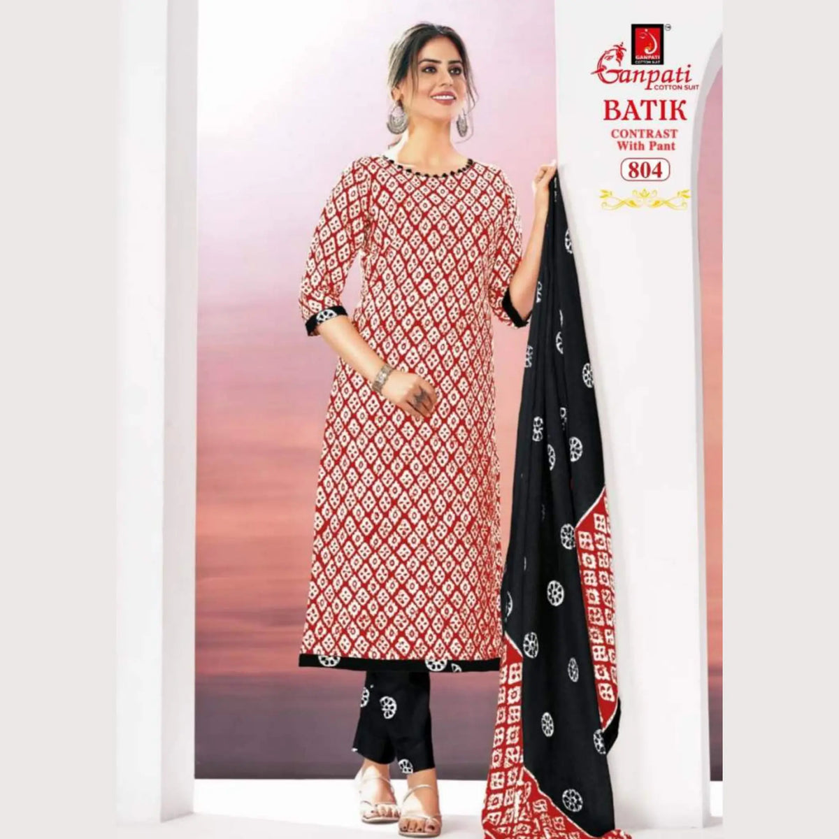 Ready to Wear Red Batik Printed Cotton Salwar Suit GB804