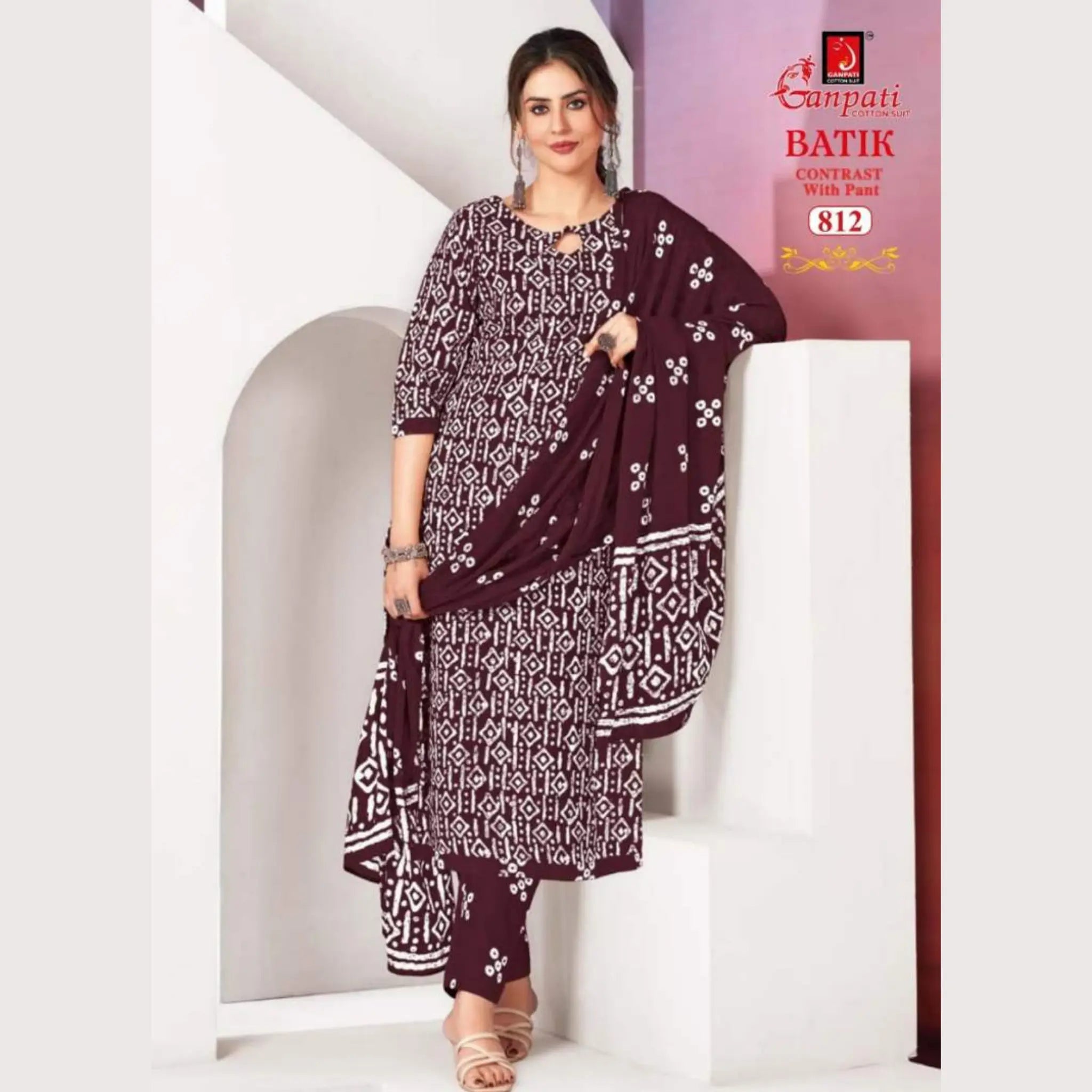 Ready to Wear Wine Berry Batik Printed Cotton Salwar Suit GB812 Main image