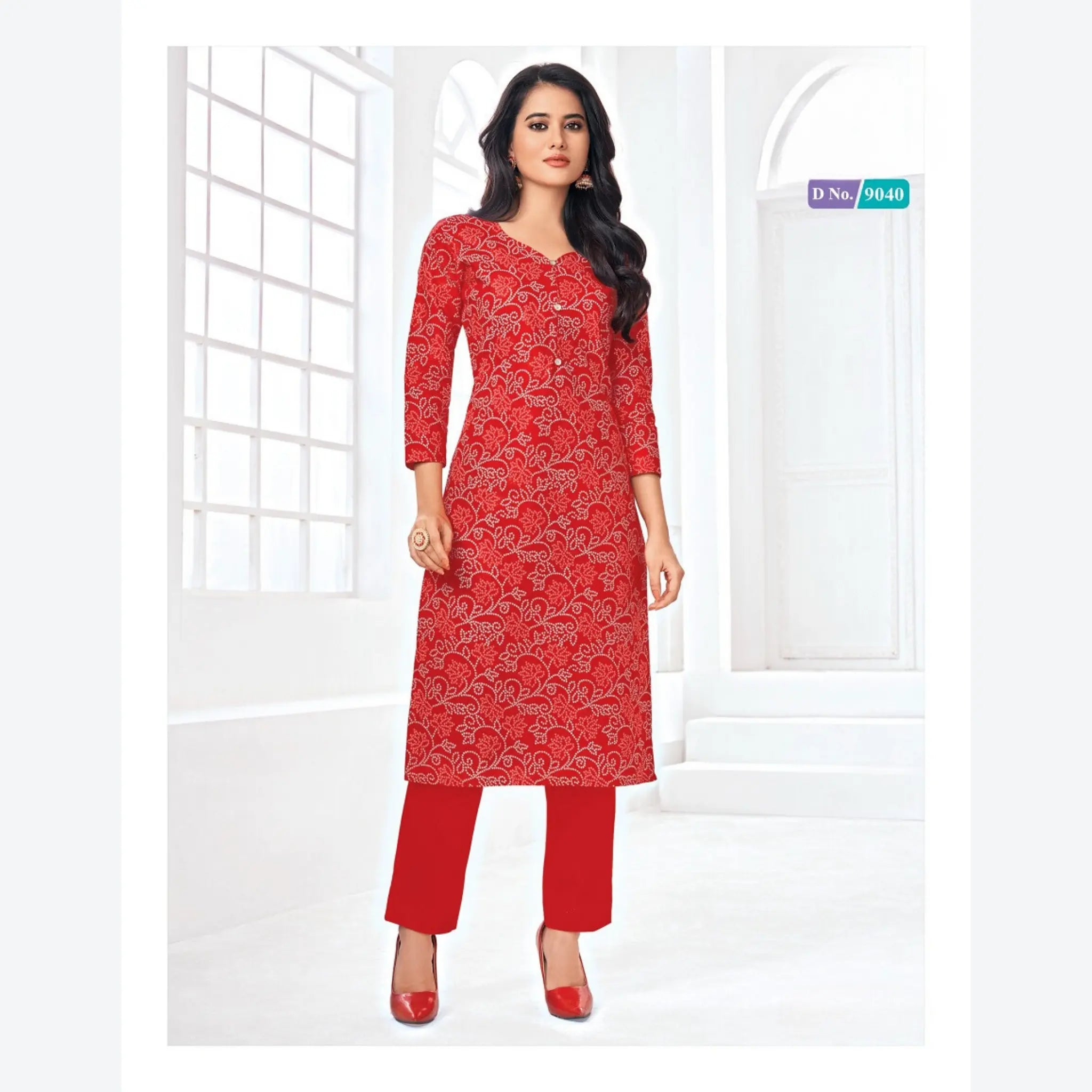 Ethnic Red Cotton Kurti with Bandani Print | Trendy and Chic Main image