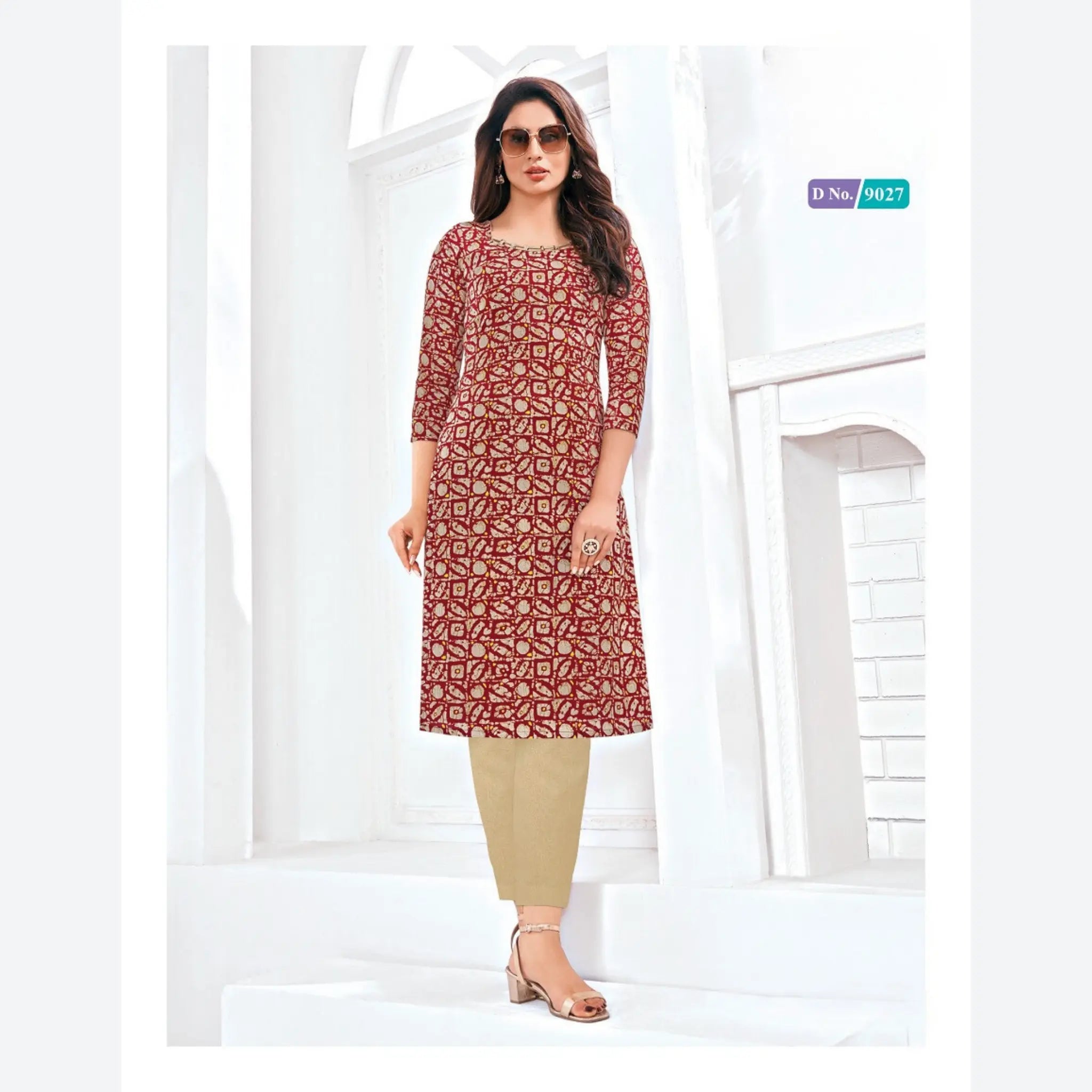 Red Batik Printed Cotton Kurti with Fancy NecK Work Main image