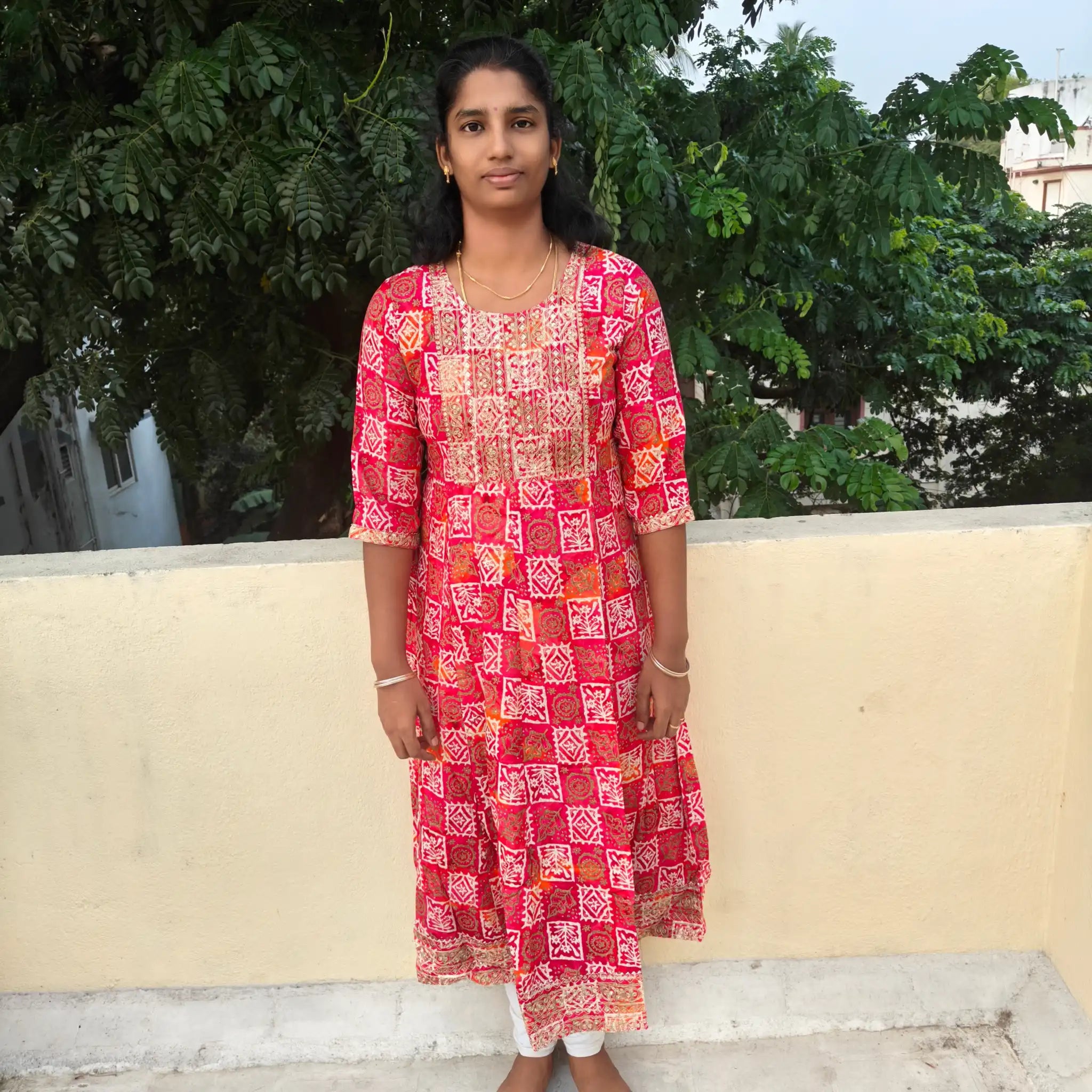 Red Checked printed Full Flair Umbrella Kurti Main image