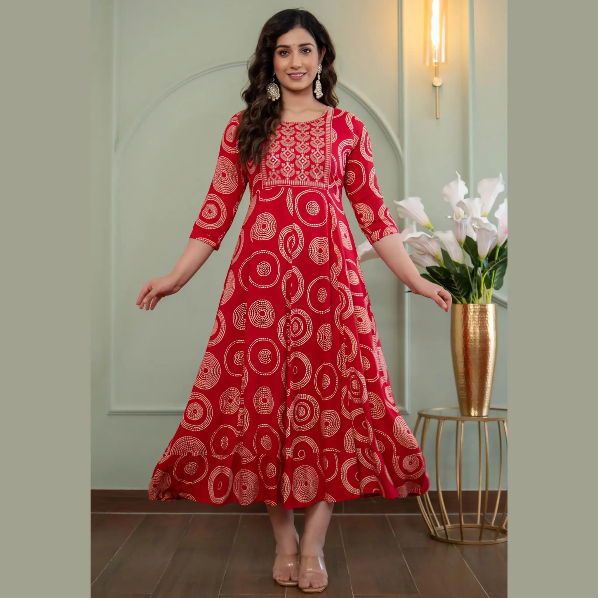 Red Ethnic Printed Anarkali Kurti for Women  Circular Motif & Detailed Yoke Design Main image