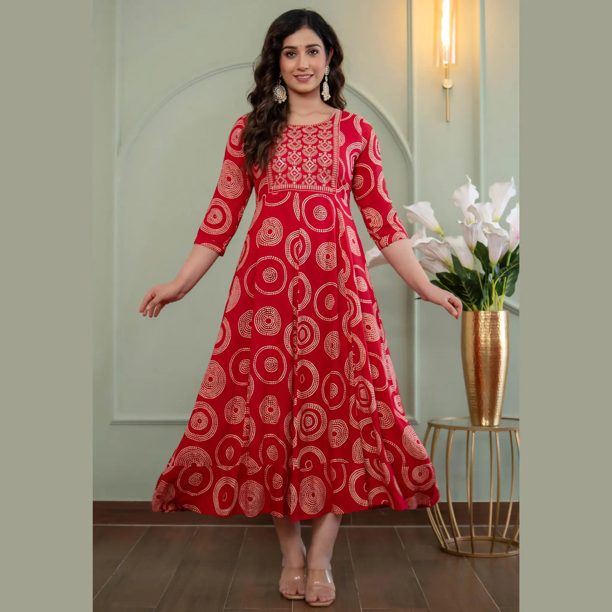 Red Ethnic Printed Anarkali Kurti for Women  Circular Motif & Detailed Yoke Design